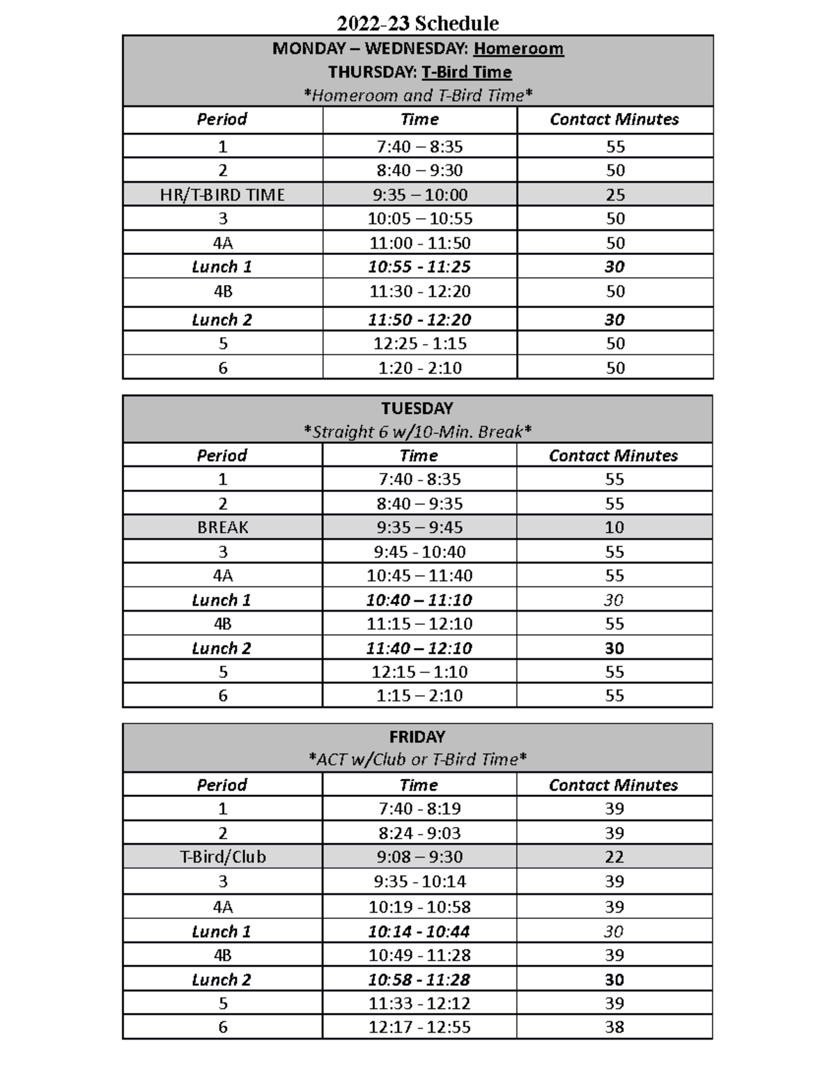 2022-23 Bell Schedules - 3 Separate - 2022-23 Schedule MONDAY ...