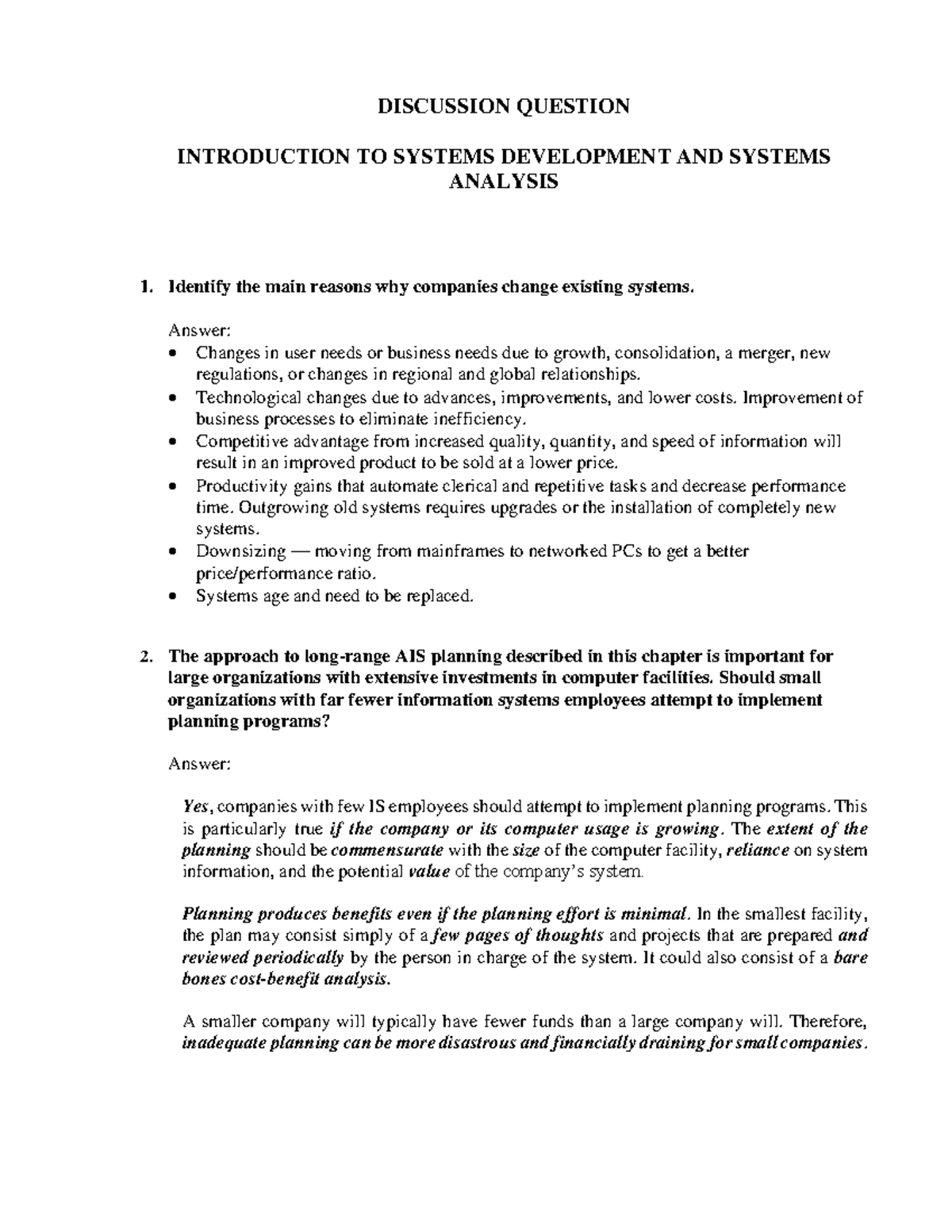 Examples of questions - DISCUSSION QUESTION INTRODUCTION TO SYSTEMS ...