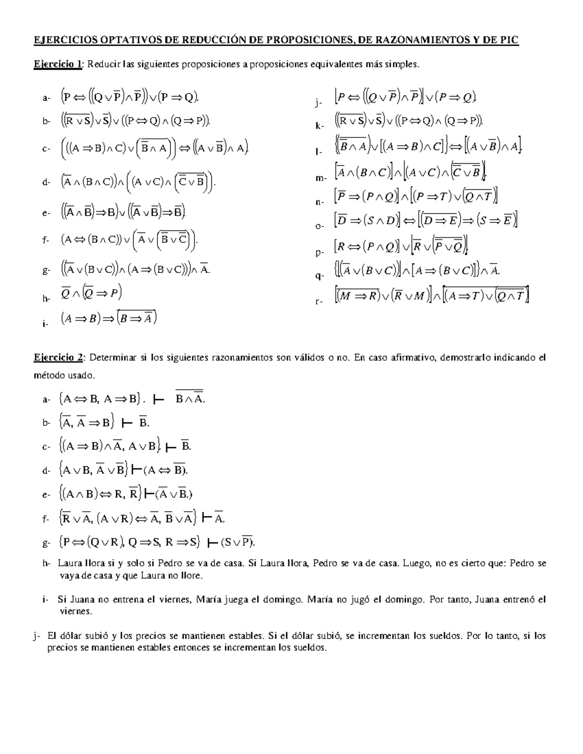 Ejercicios Optativos De Reduccion De Proposiciones Studocu