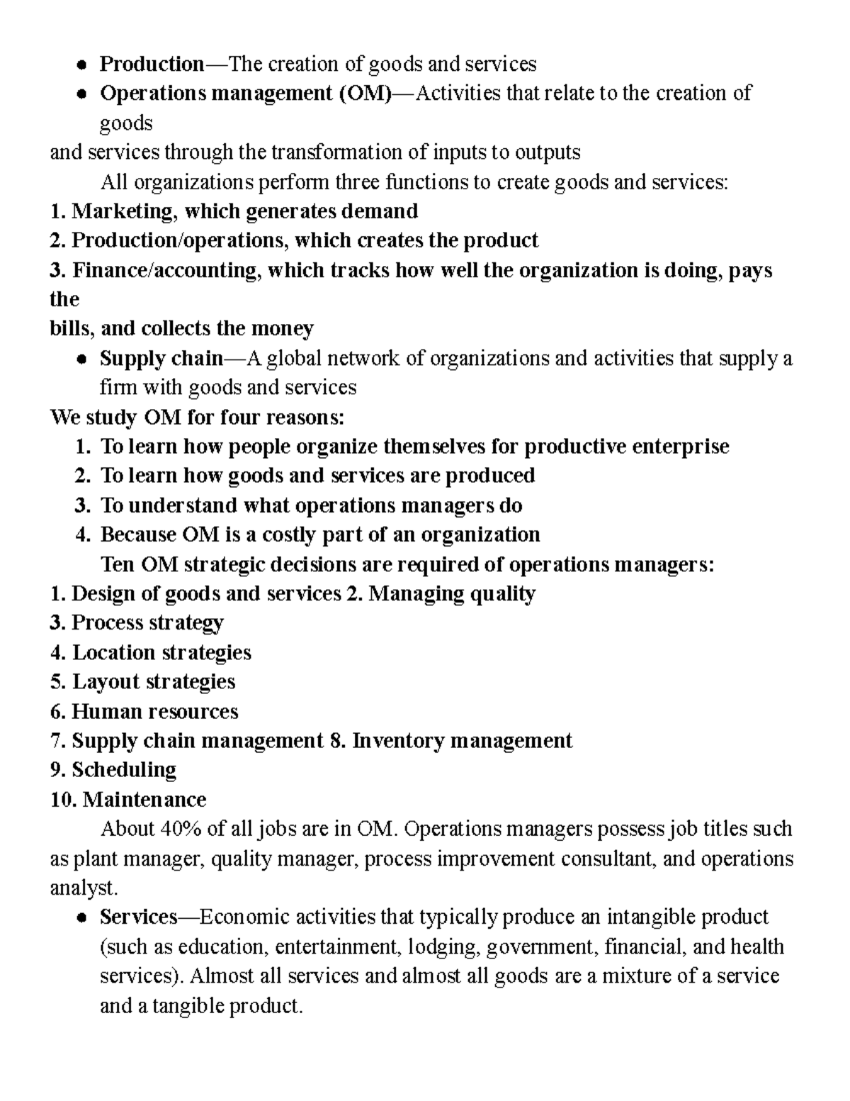 OM Chapter 1 Introduction to operation management summary - Production ...