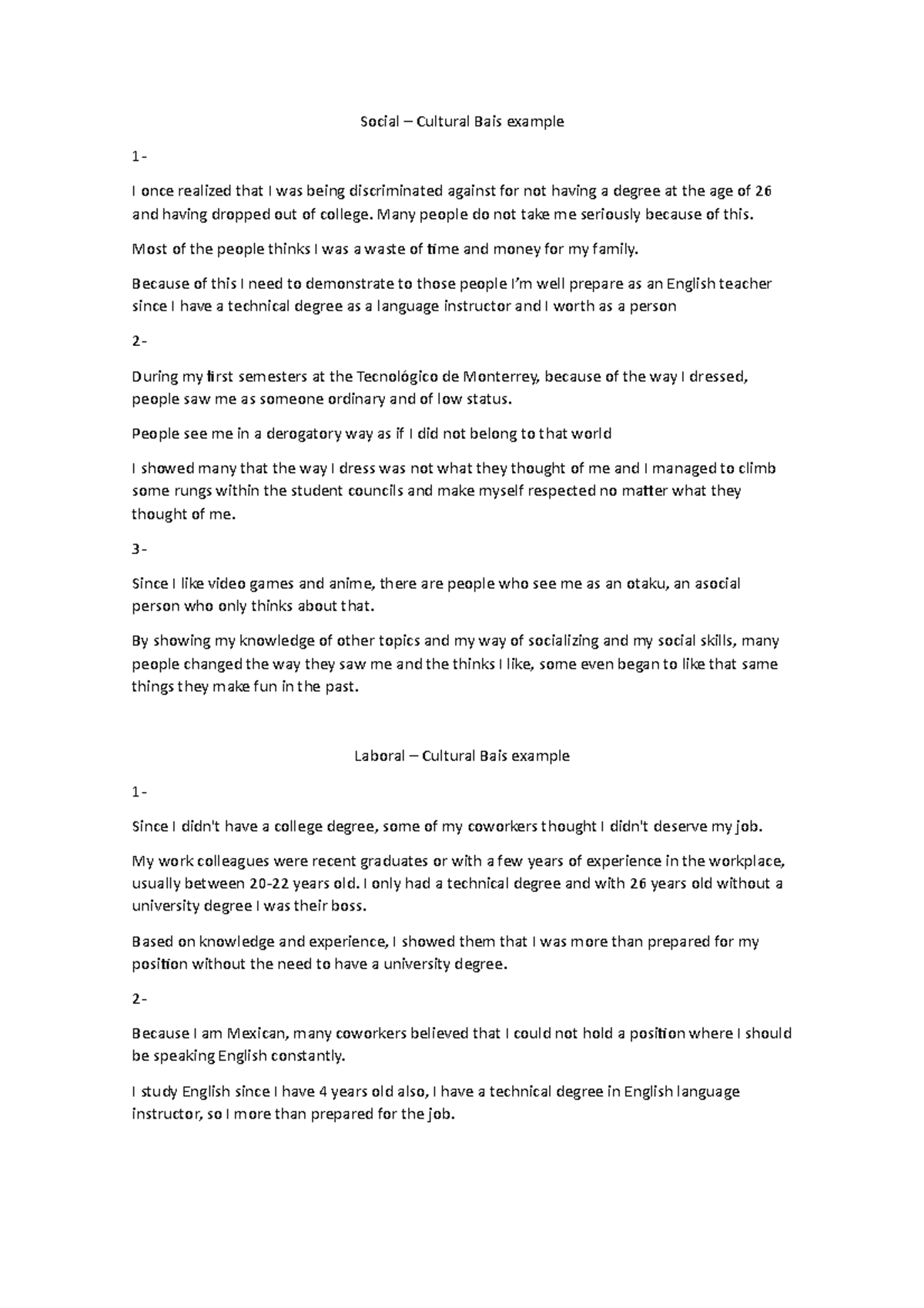 Cultural Bais example Ingles Primer Semestre TECMI - Social – Cultural ...