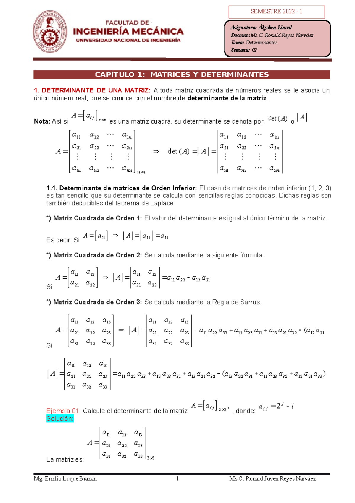 Guía 02 Determinantes Matriz Inversa (1) - CAPÍTULO 1: MATRICES Y ...