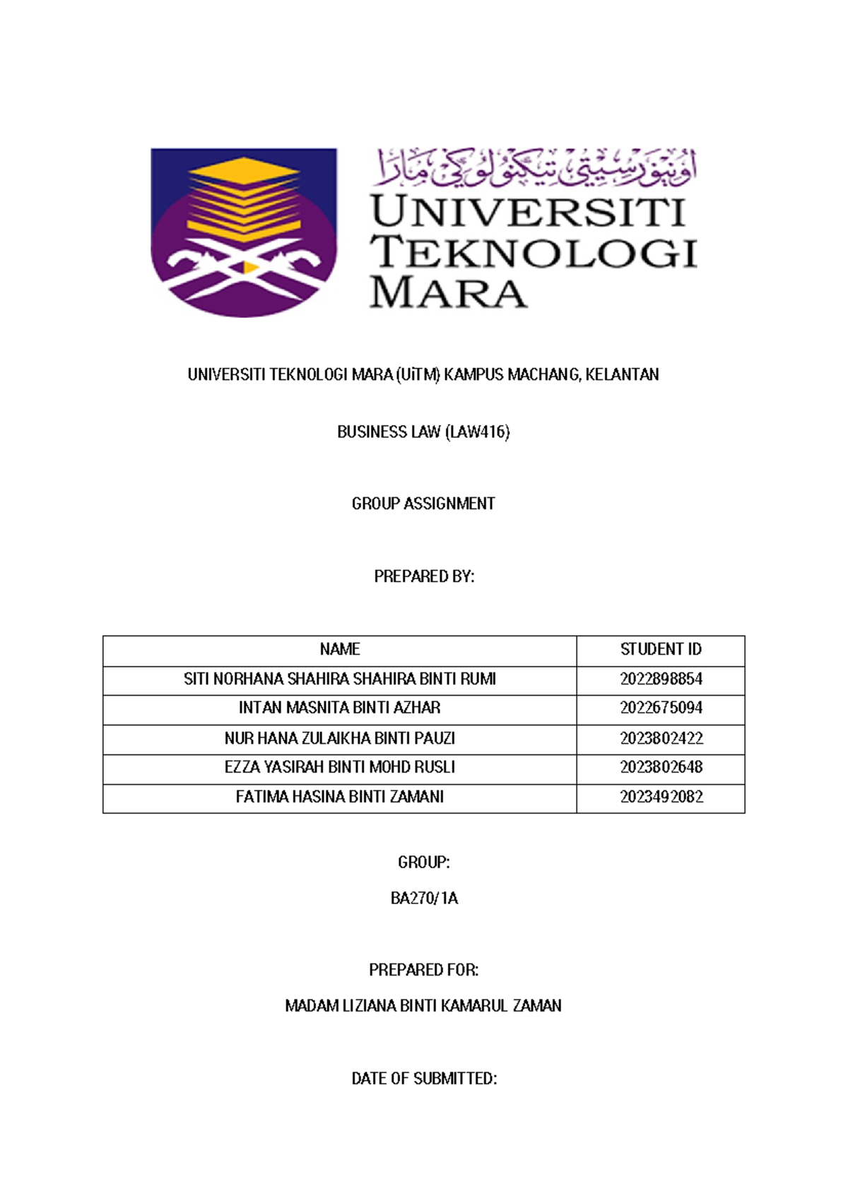 Cover PAGE Assignment - Corporate Law - UNIVERSITI TEKNOLOGI MARA (UiTM ...