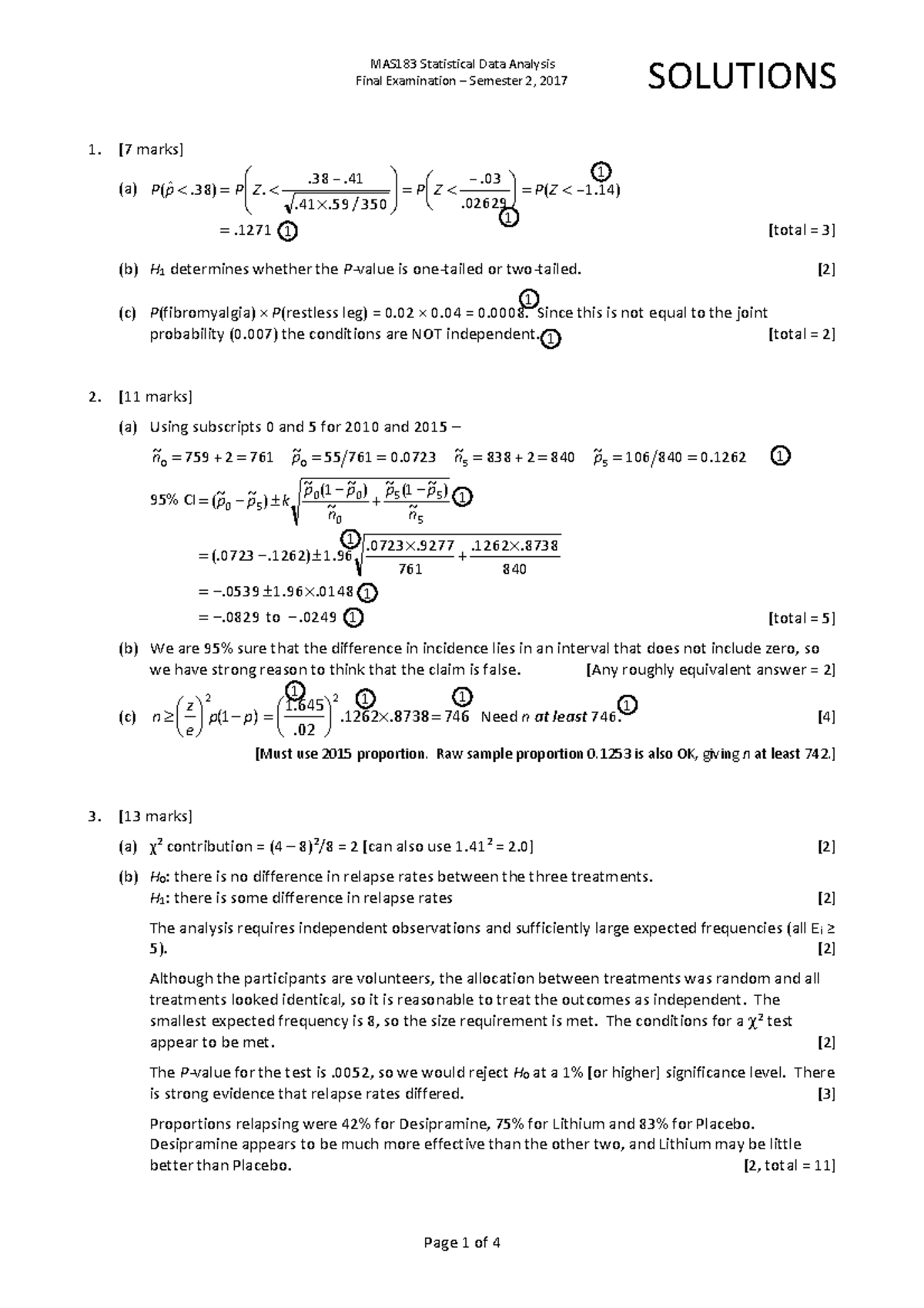 Exam 2017, Answers - Final Examination – Semester 2, 2017 SOLUTIONS [7 ...