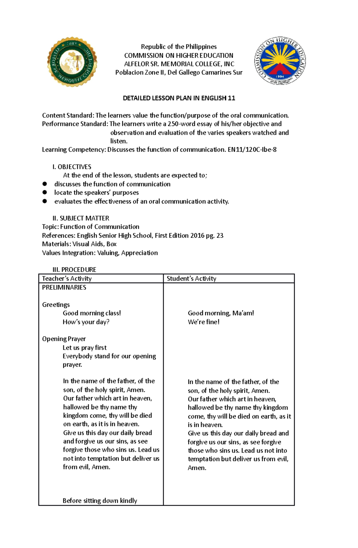 KYLA MAE Lesson PLAN - Republic of the Philippines COMMISSION ON HIGHER ...