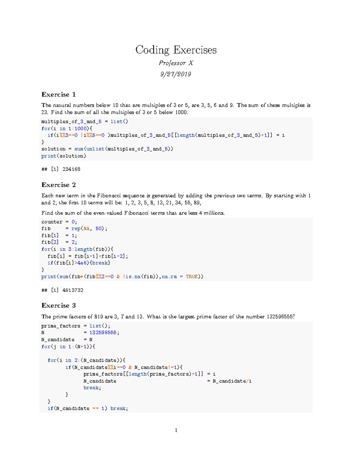 Coding exercises - Coding Exercises Professor X 9/27/ Exercise 1 The ...