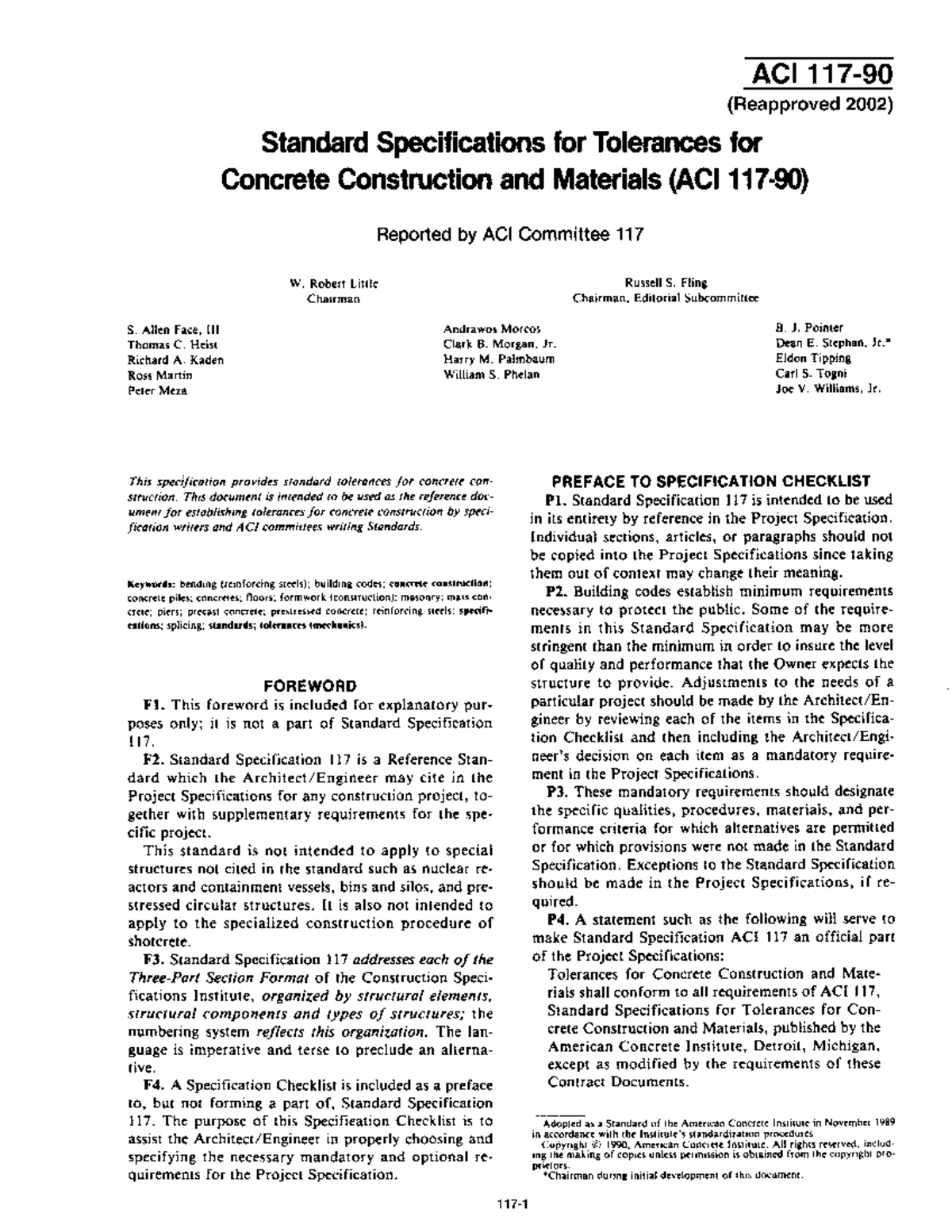 ACI-117-90 Standard Specifications For Tolerances For Concrete ...