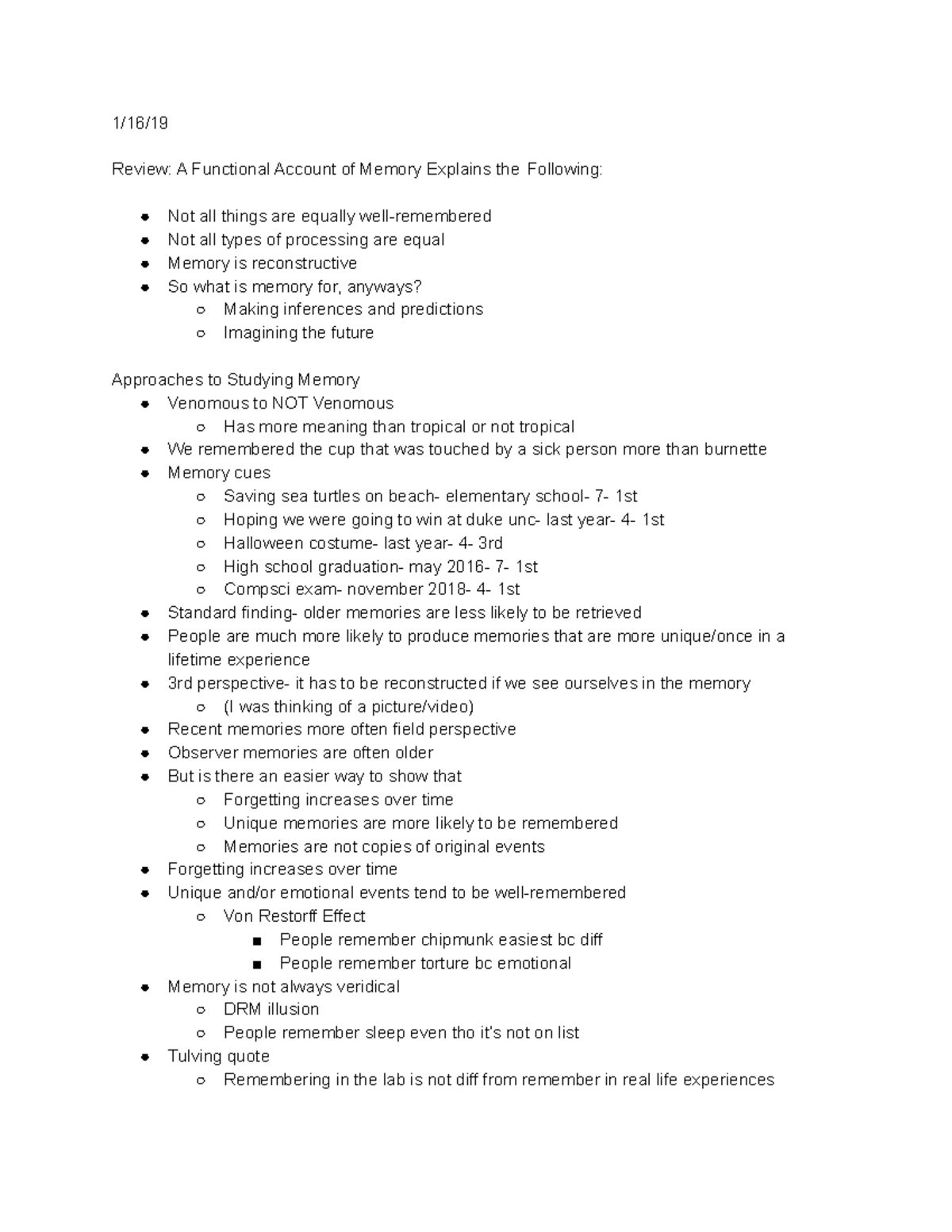 Myths and Mysteries of Memory - All Lecture Notes - 1/16/ Review: A ...