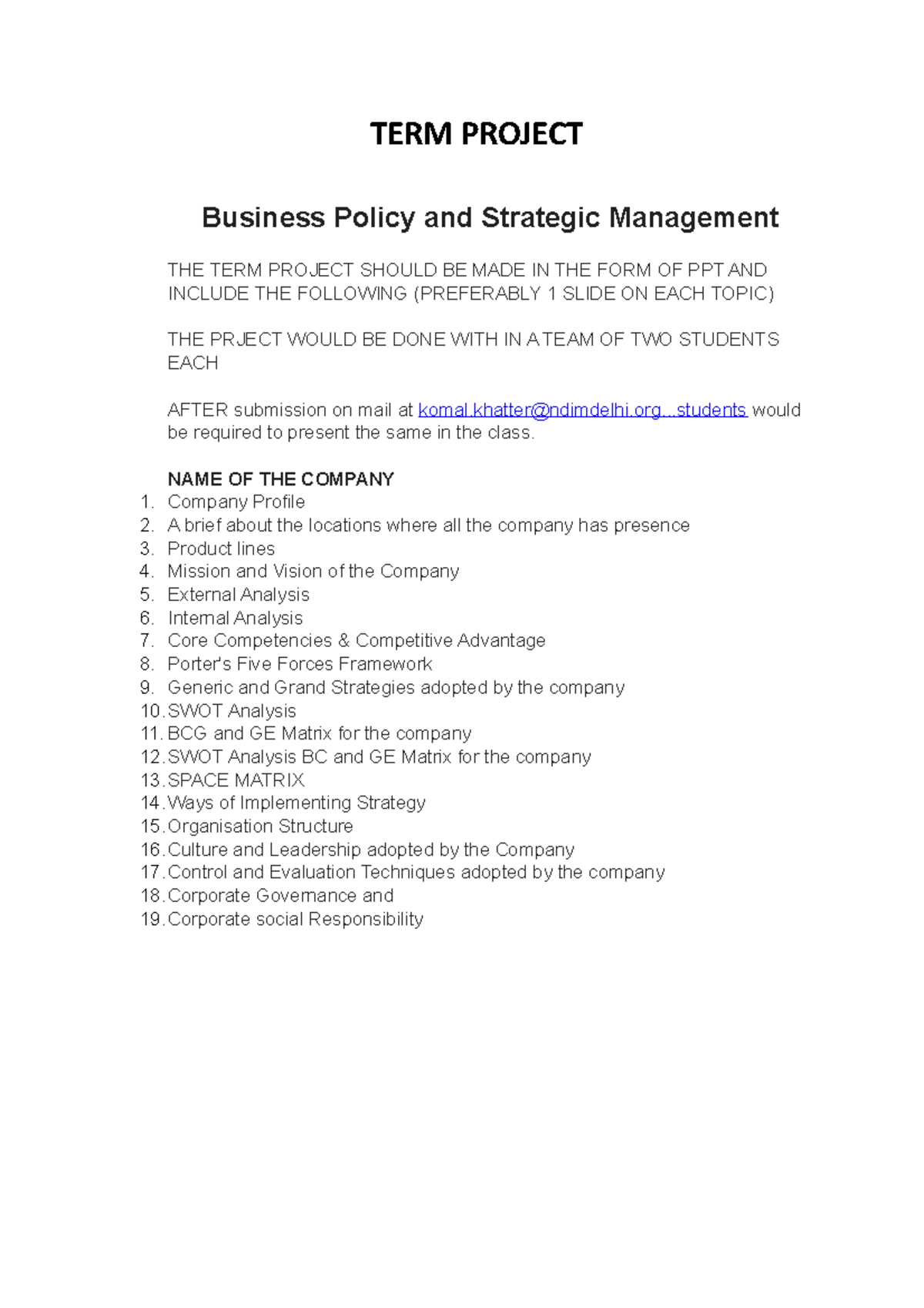 Bpsam TERM Project - for students - TERM PROJECT Business Policy and ...