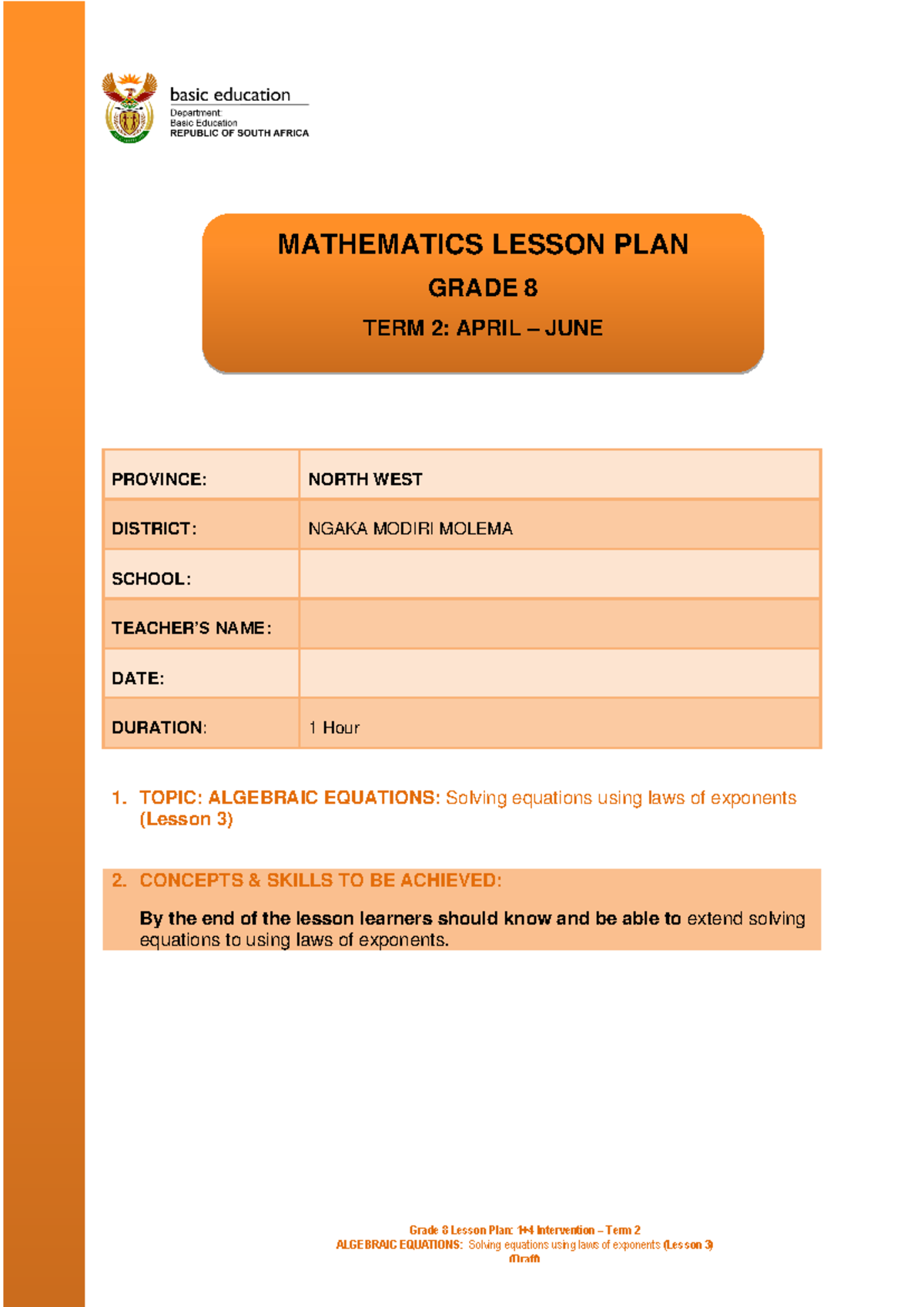 Equations Term 2 Lesson 3 Grade 8 - Grade 8 Lesson Plan: 1+4 ...