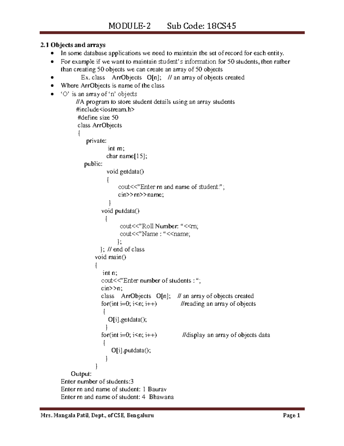 Object Oriented Programminf using java - 2 Objects and arrays In some ...