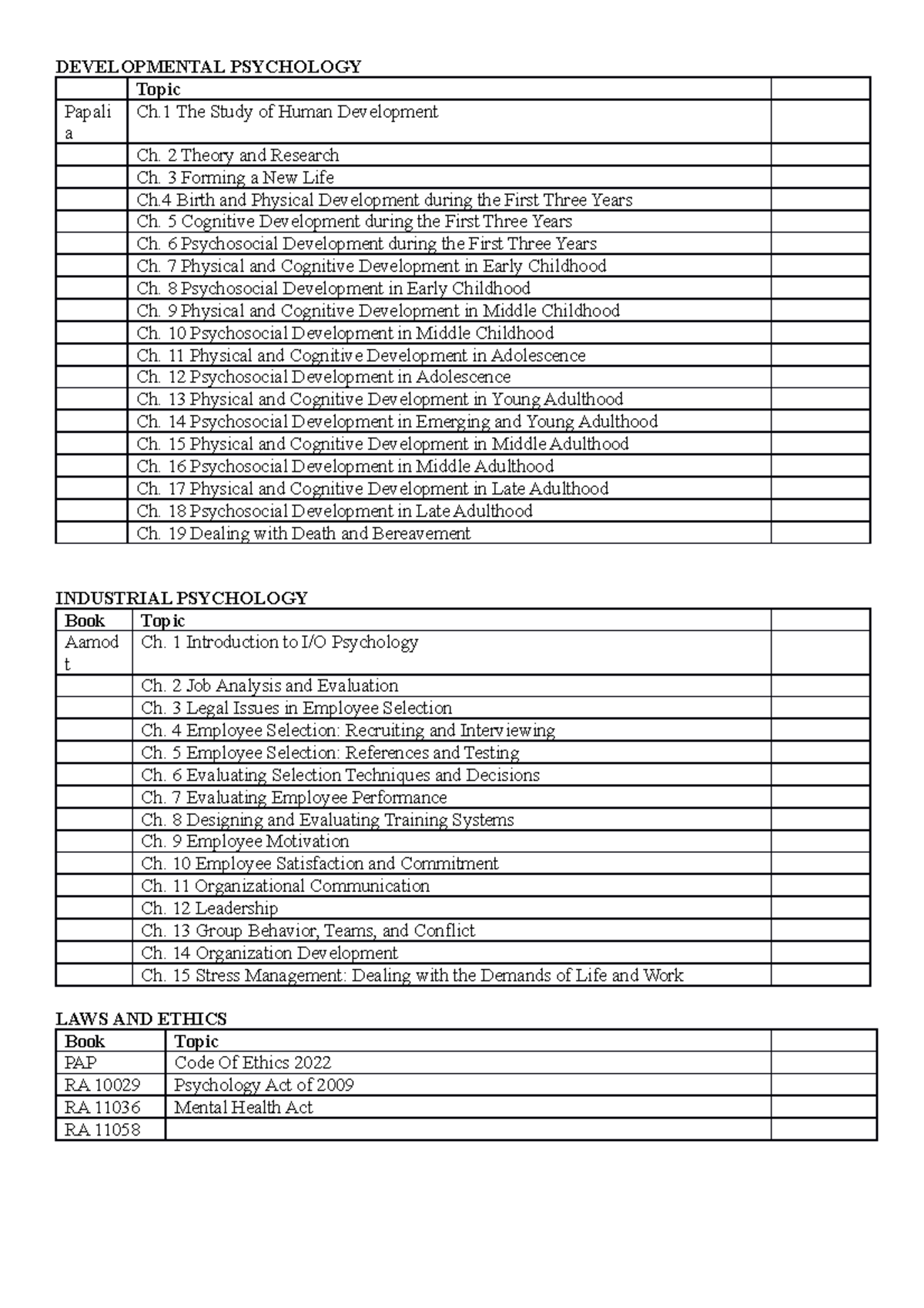 Study Tracker - Checklist - DEVELOPMENTAL PSYCHOLOGY Topic Papali a Ch ...