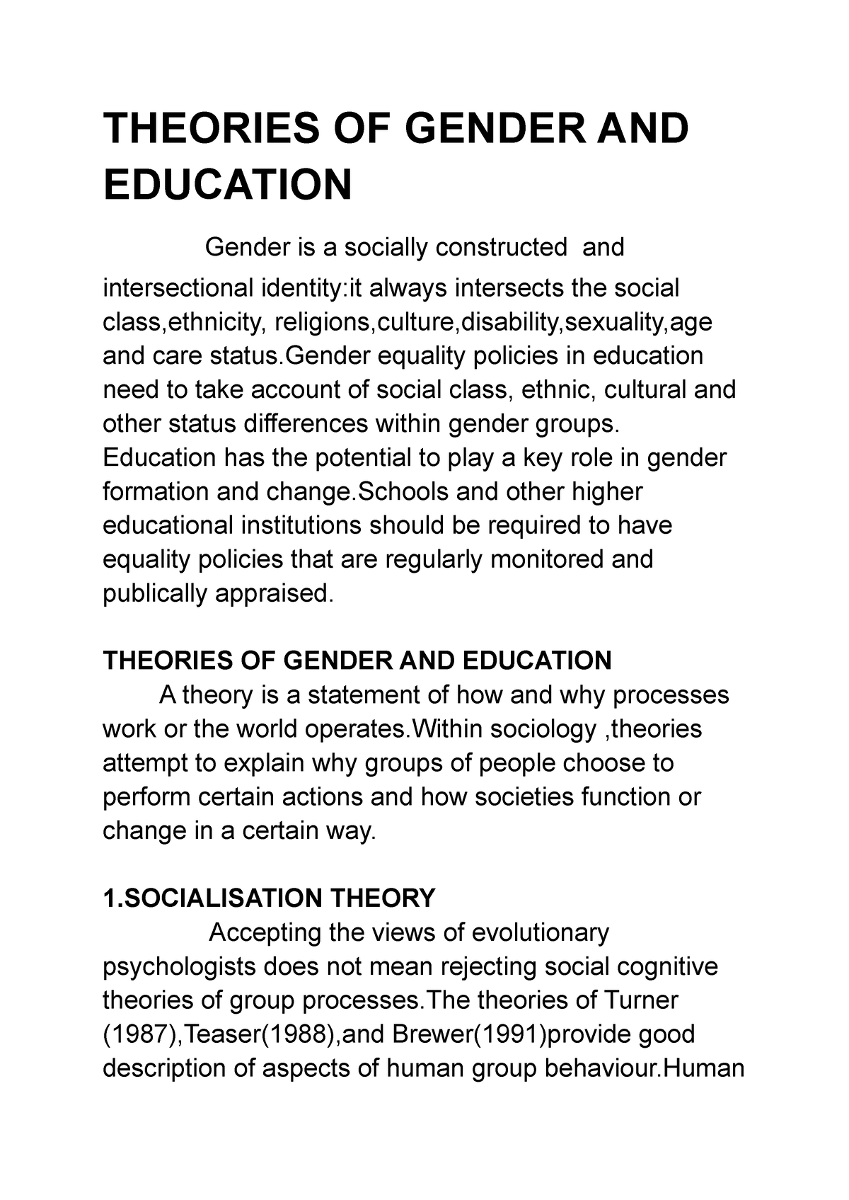 Theories Of Gender And Education Theories Of Gender And Education Gender Is A Socially 3209