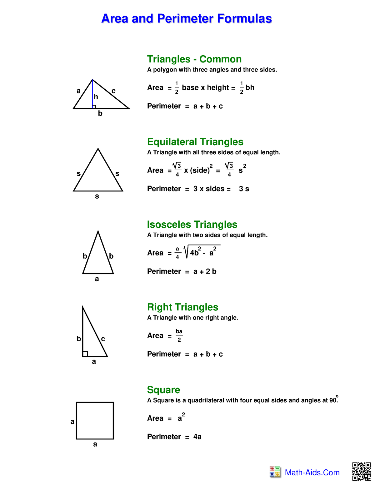 Perimeter Formula - Math-Aids Area And Perimeter FormulasArea And ...