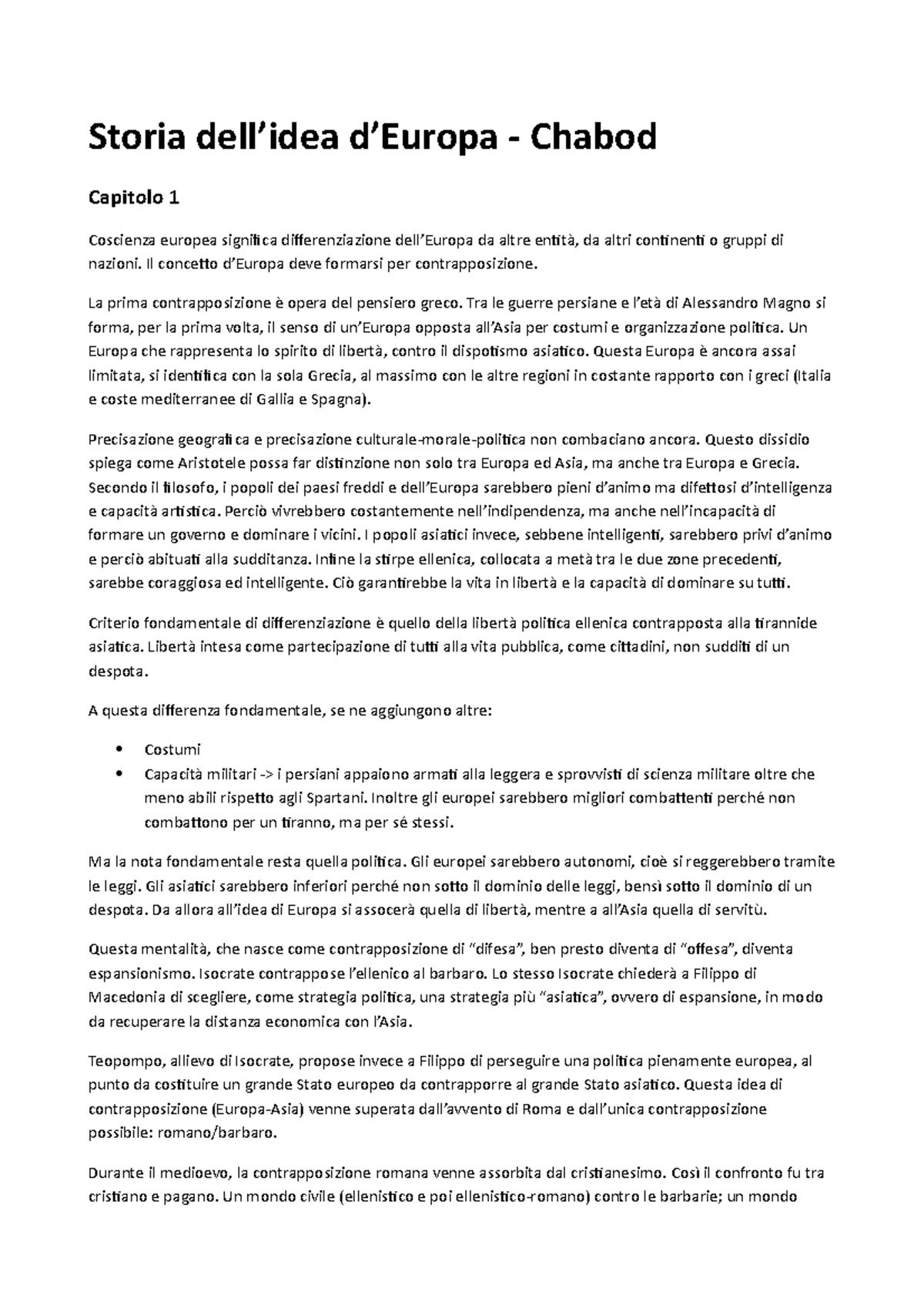 Storia idea Europa Chabod Storia Chabod Capitolo 1 Coscienza europea significa