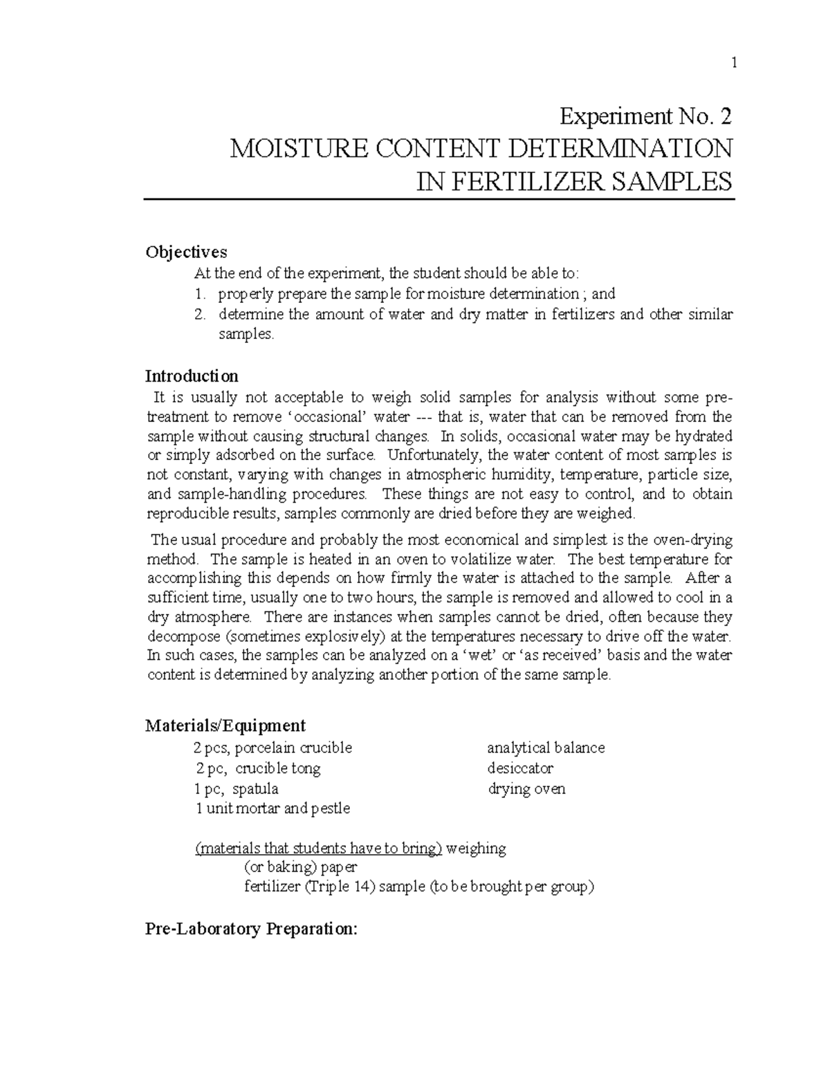 Experiment 02 Moisture Content Determination in Fertilizer Samples ...
