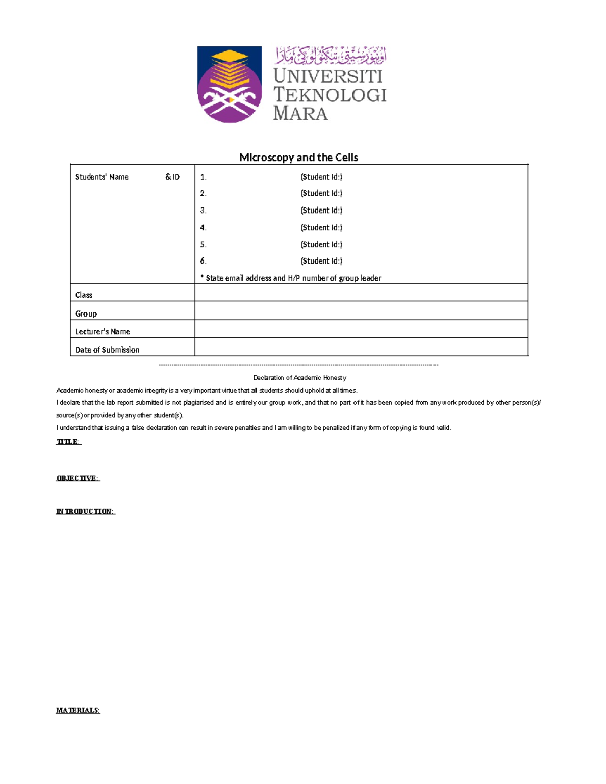 4. BIO122 LAB Report Template WITH Cover - BIO HISTOLOGY OF CELLS AND ...