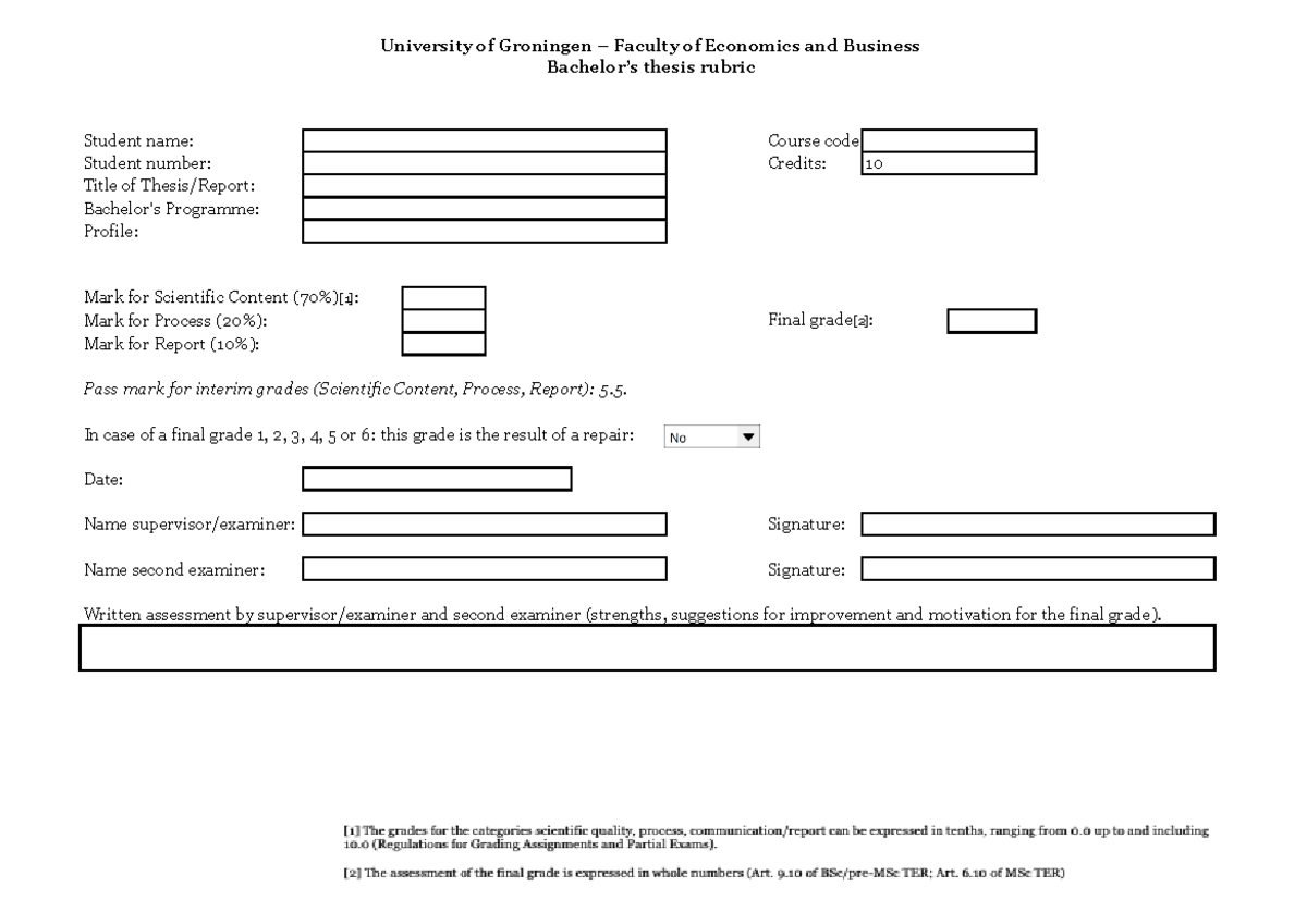 Bsc thesis assessment form example nov 2021 - Bachelor’s thesis rubric ...