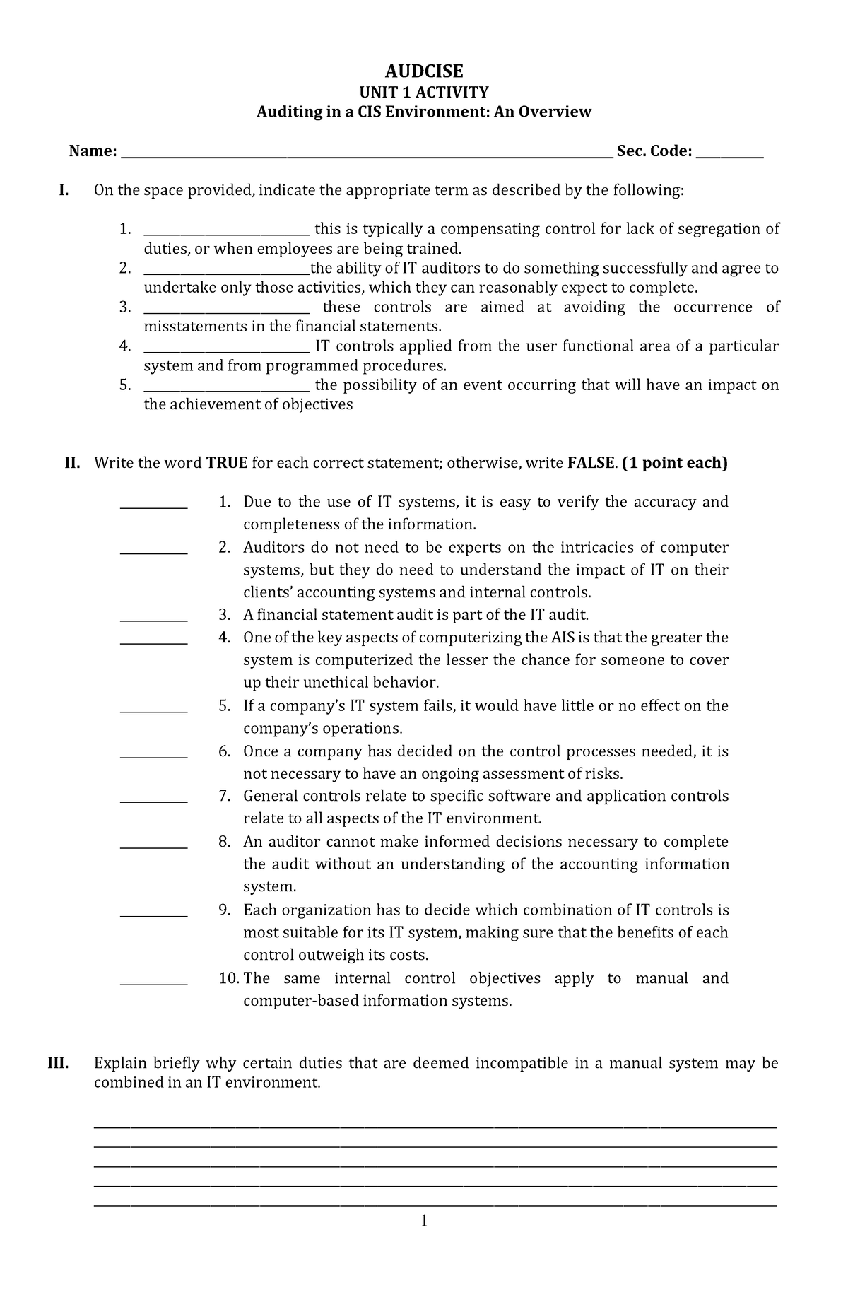 Audcise Unit 1 Worksheets - 1 Audcise Unit 1 Activity Auditing In A Cis 