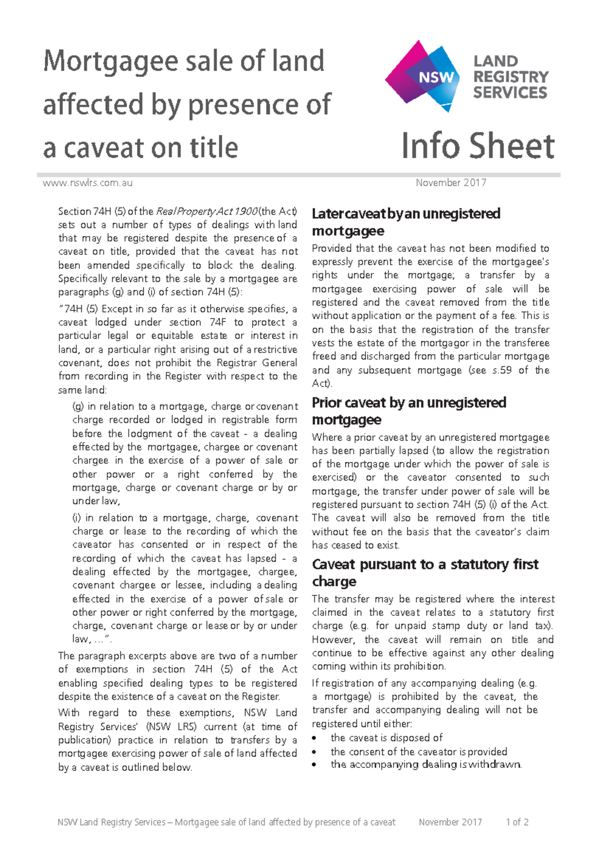 Mortgagee sale of land affected by presence of a caveat on title - NSW ...