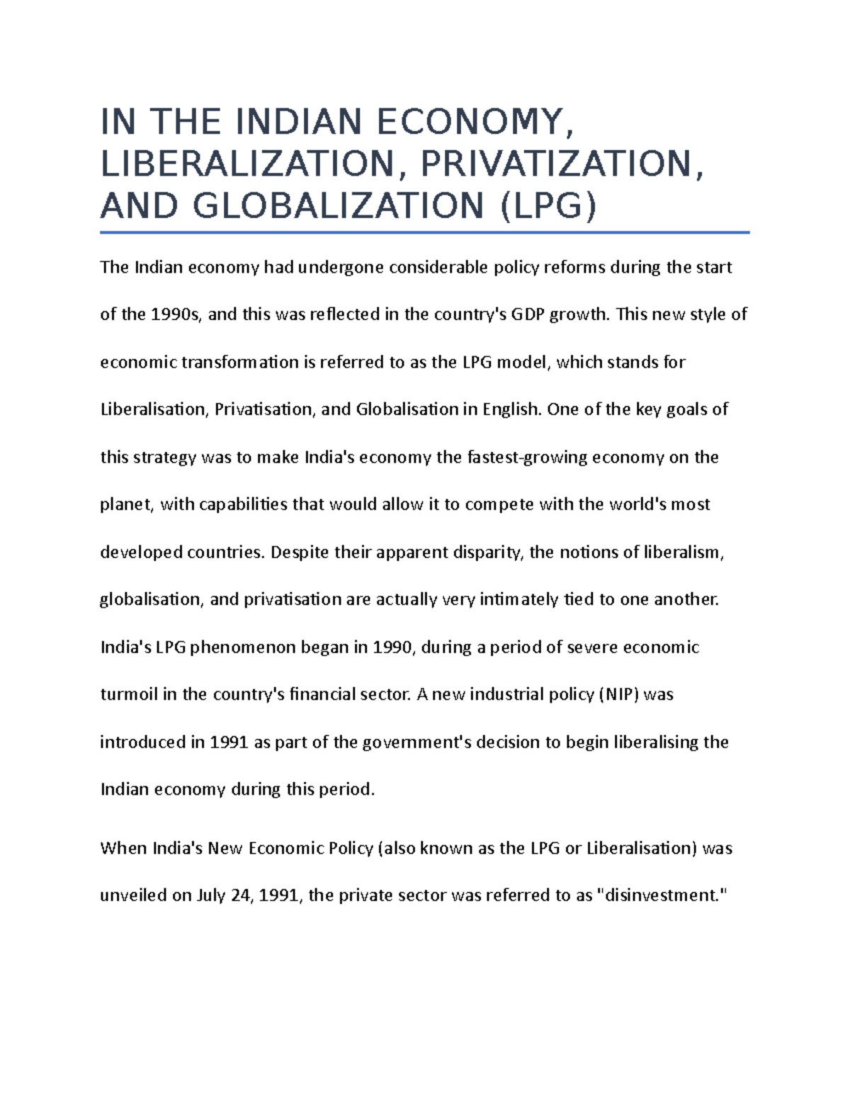 Brife NOTE ON THE Indian Economy, Liberalization, Privatization, AND ...