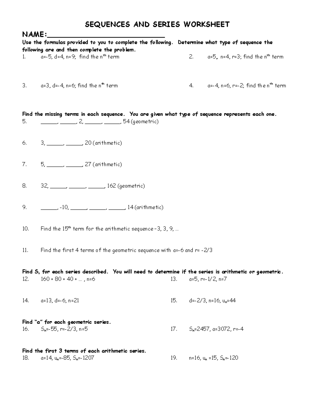 11.1 - 11.3 sequences and series worksheet - SEQUENCES AND SERIES ...