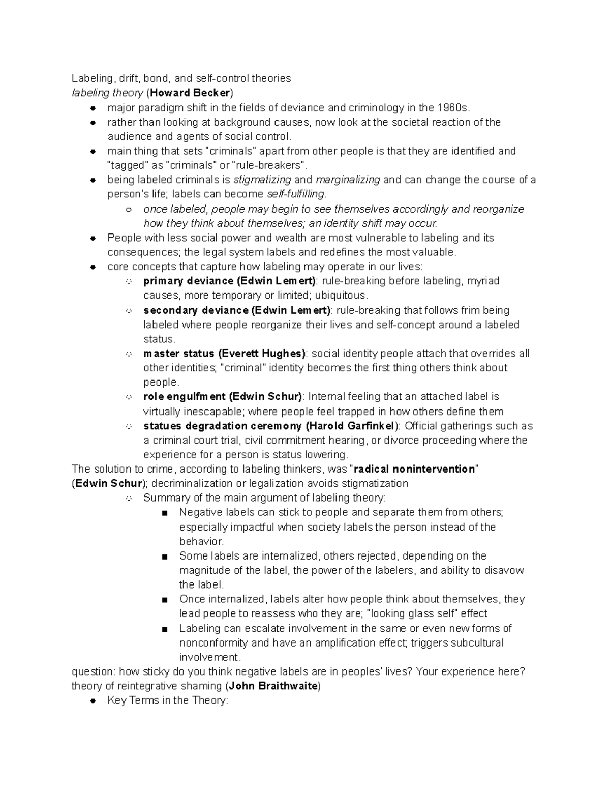 Labeling, control, and drift theories of crime - Labeling, drift, bond ...