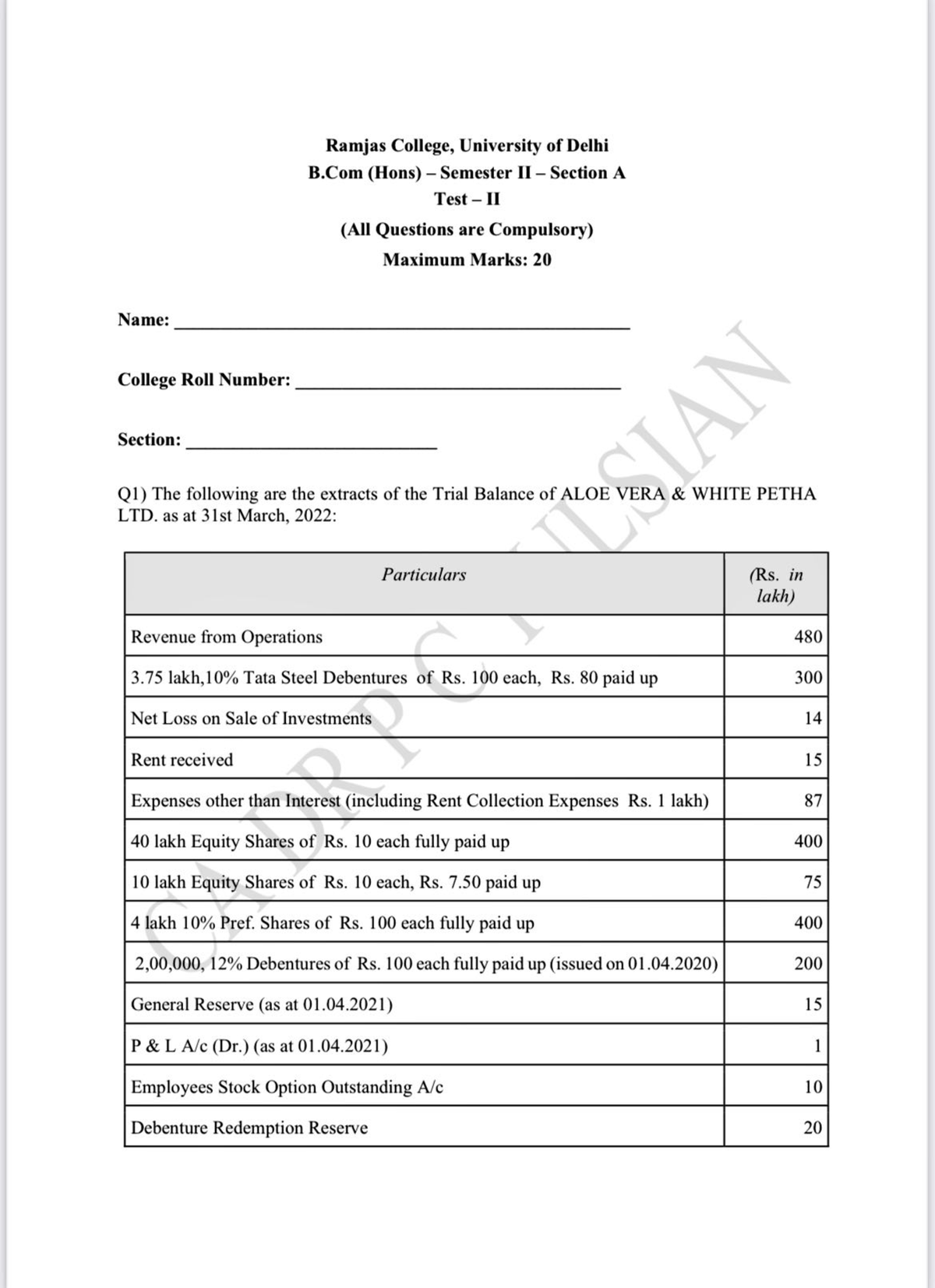 B Com Sem II A Test 2 - Practice Test - Corporate Accounting - Studocu