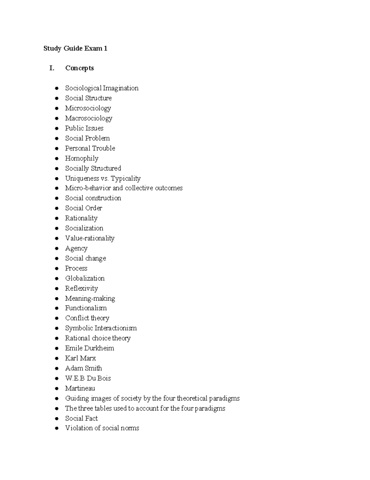 Soc. Exam 1 Study Guide - Study Guide Exam 1 I. Concepts Sociological ...