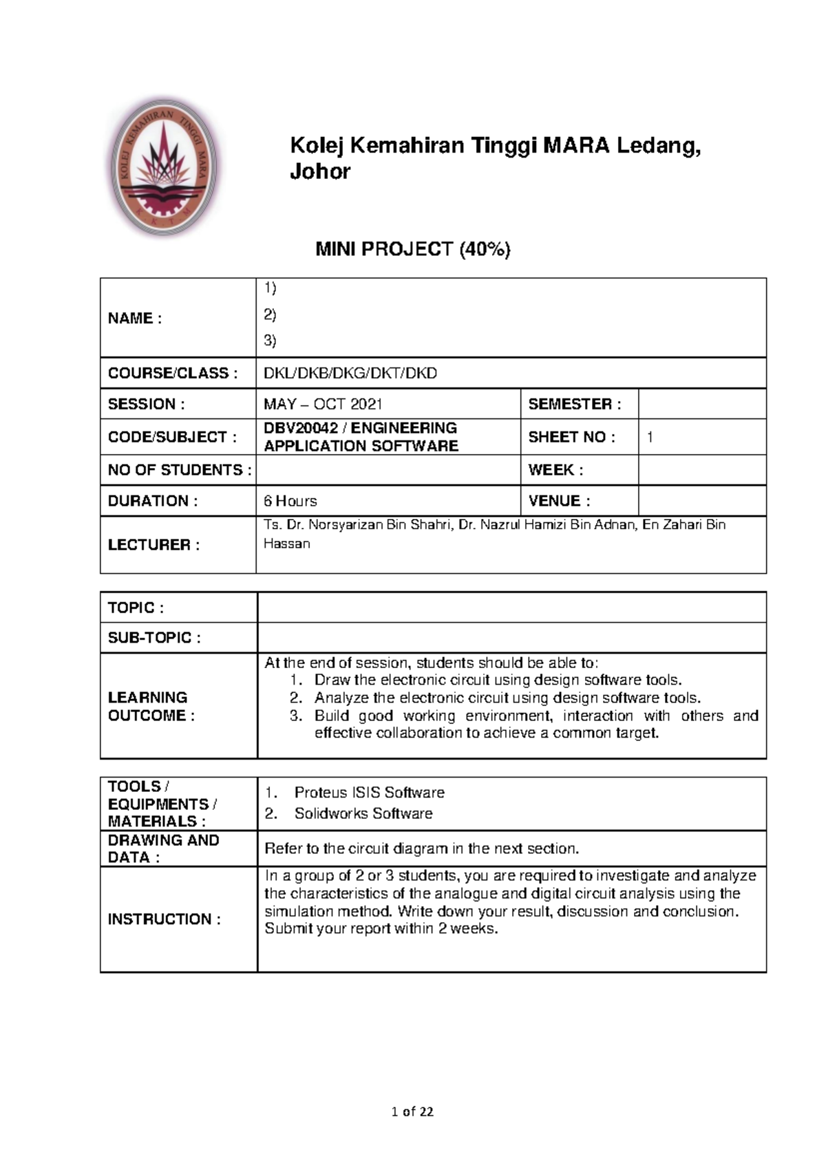 Project Sheet 1 - Kolej Kemahiran Tinggi MARA Ledang, Johor MINI ...