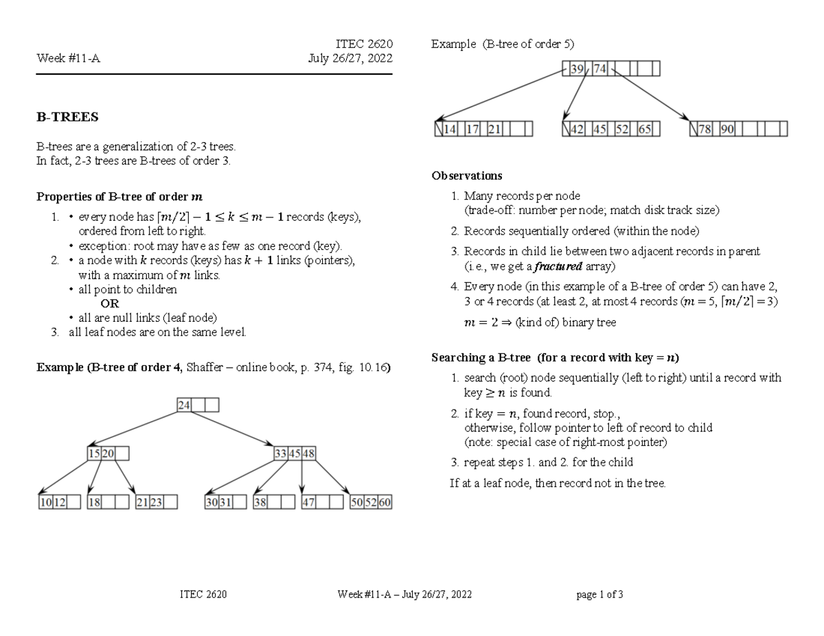 B Tree - Teacher's notes - ITEC 2620 Week #11-A – July 26/27, 2022 page ...