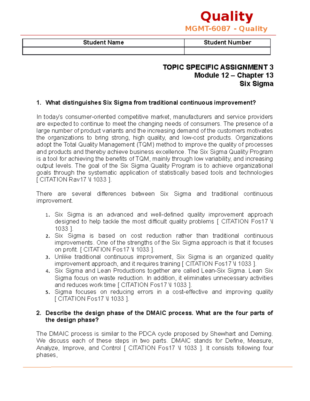 Topic Specific Assignment 5 - Module 12 - SIX Sigma 1013000 - Student ...