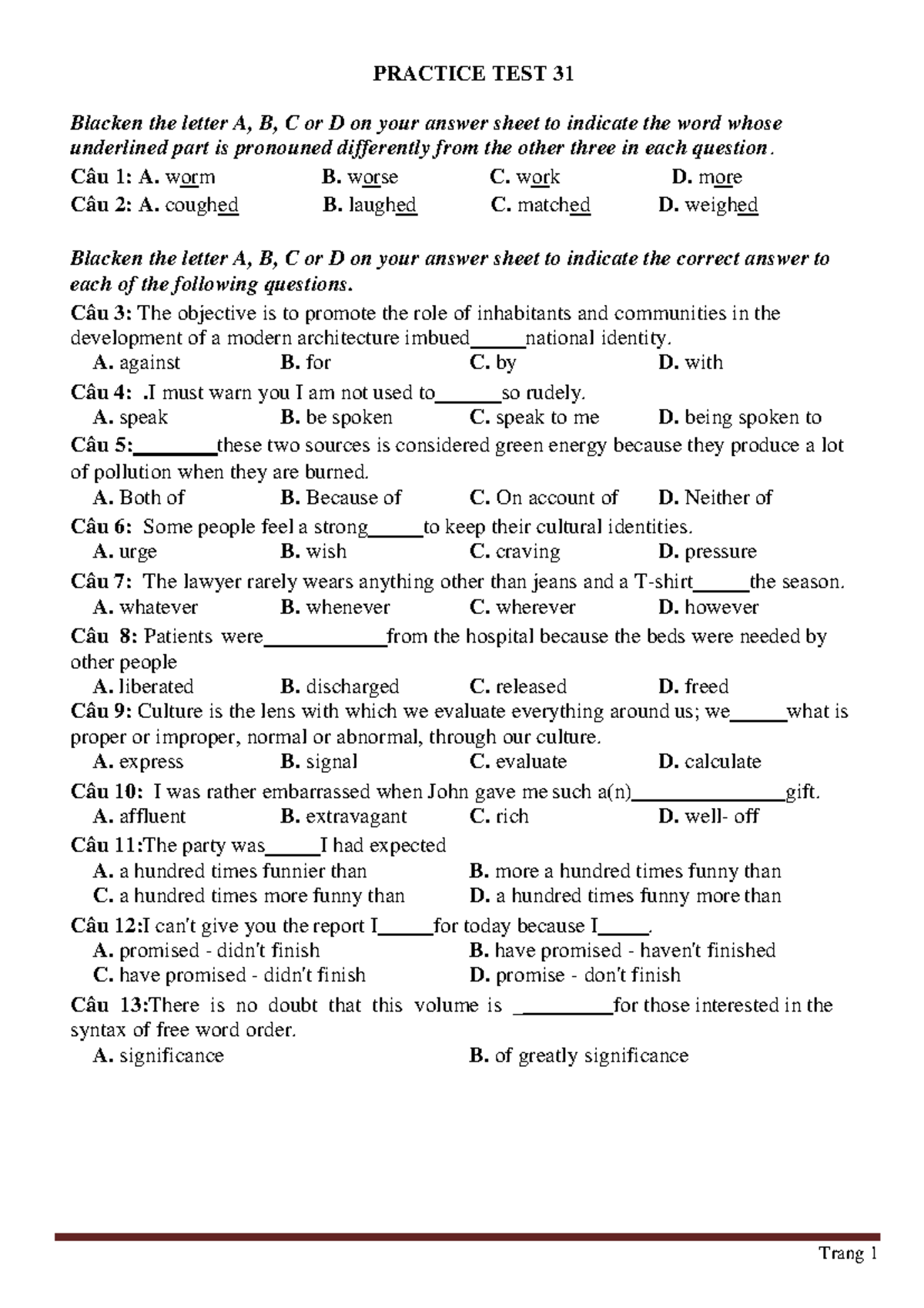 Practice Test 30 - PRACTICE TEST 3 1 Blacken The Letter A, B, C Or D On ...