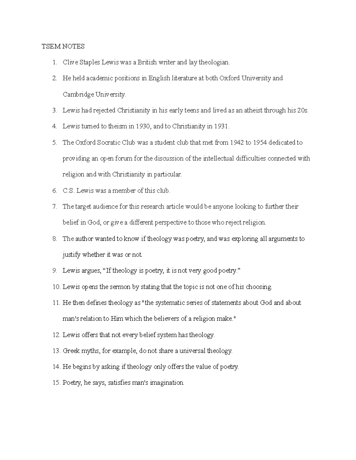 TSEM Notes towson university TSEM NOTES Clive Staples Lewis was a
