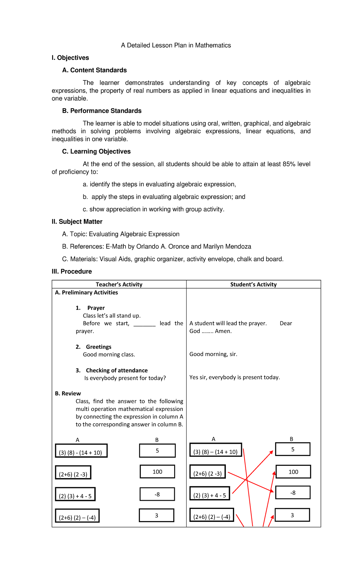 A Detailed Lesson Plan in Mathematics - Objectives A. Content Standards ...