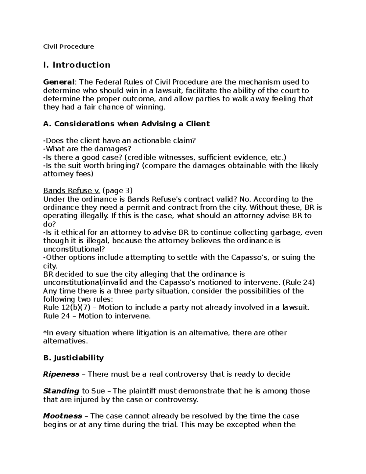 Civil Procedure Law Outline 1 Civil Procedure I. Introduction General The Federal Rules of