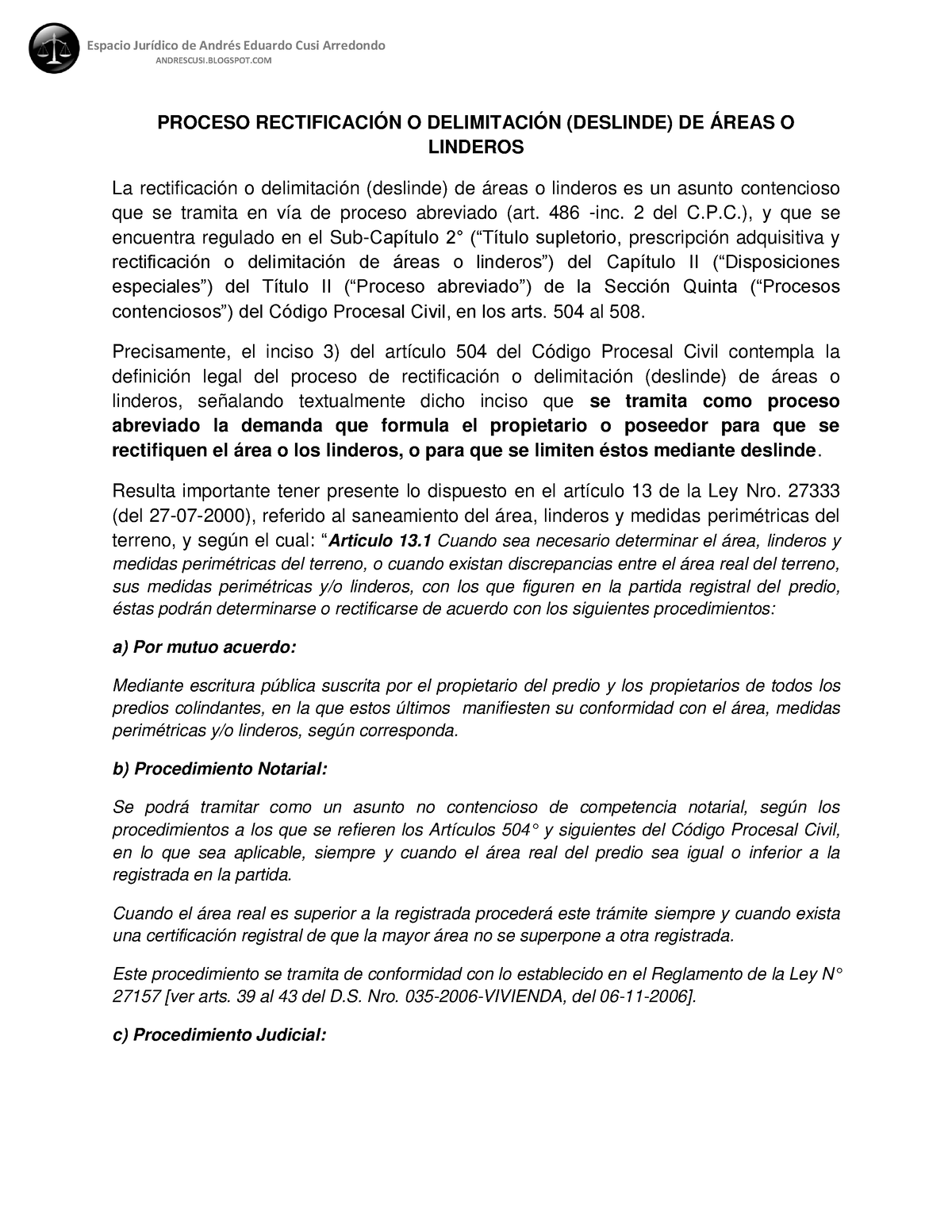 El Proceso De Rectificacion De Areas O Linderos Andres Cusi Arredondo ...