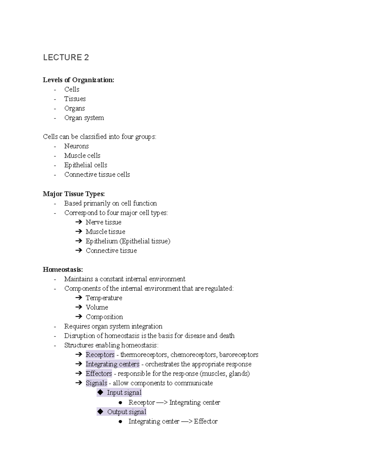 Physiology key points - lecture notes - LECTURE 2 Levels of ...