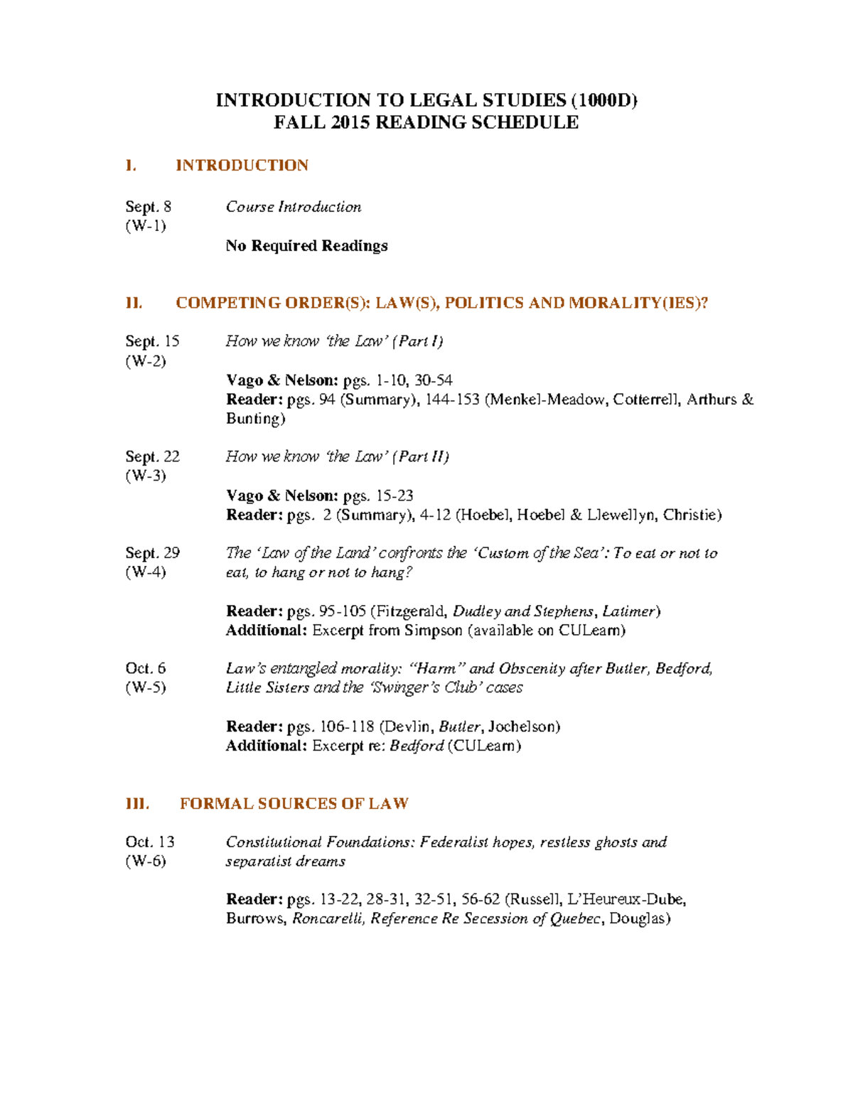 Law Reading List Lecture notes 6 INTRODUCTION TO LEGAL STUDIES FALL