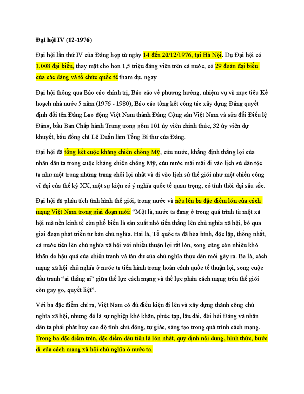 Đại hội IV Chi tiết Đại hội Đảng toàn quốc lần thứ IV Đại hội IV