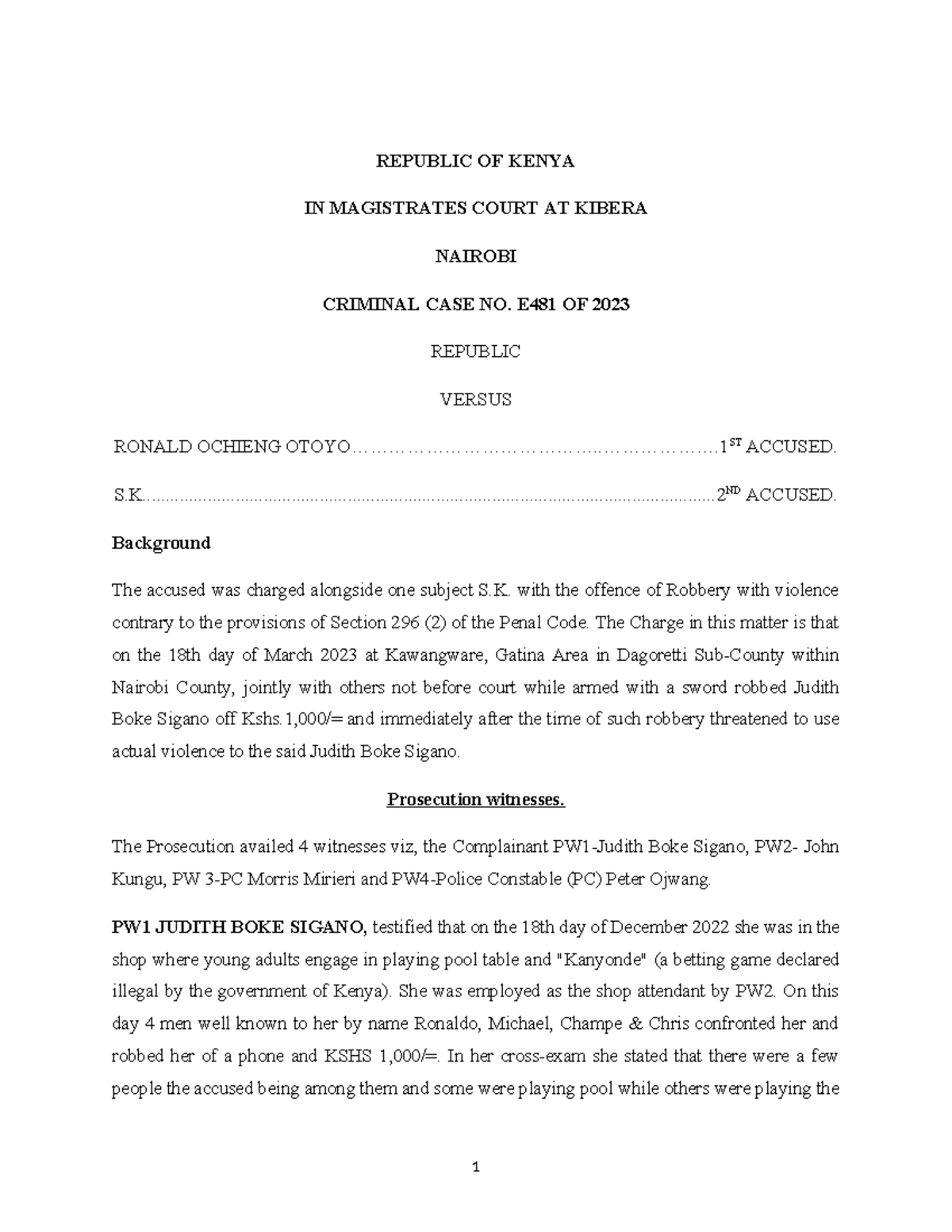 Criminal Case 481 2023 - Sentencing of minors - REPUBLIC OF KENYA IN ...