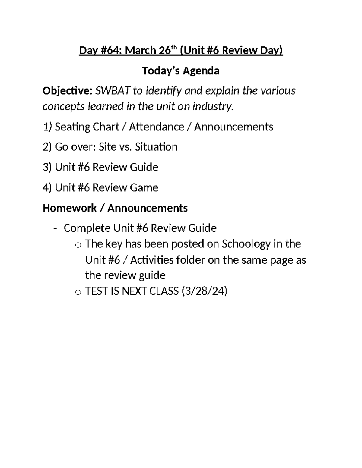 Day 64 - Unit 6 Review Day 3-26-24 - Day #64: March 26 th (Unit #6 ...