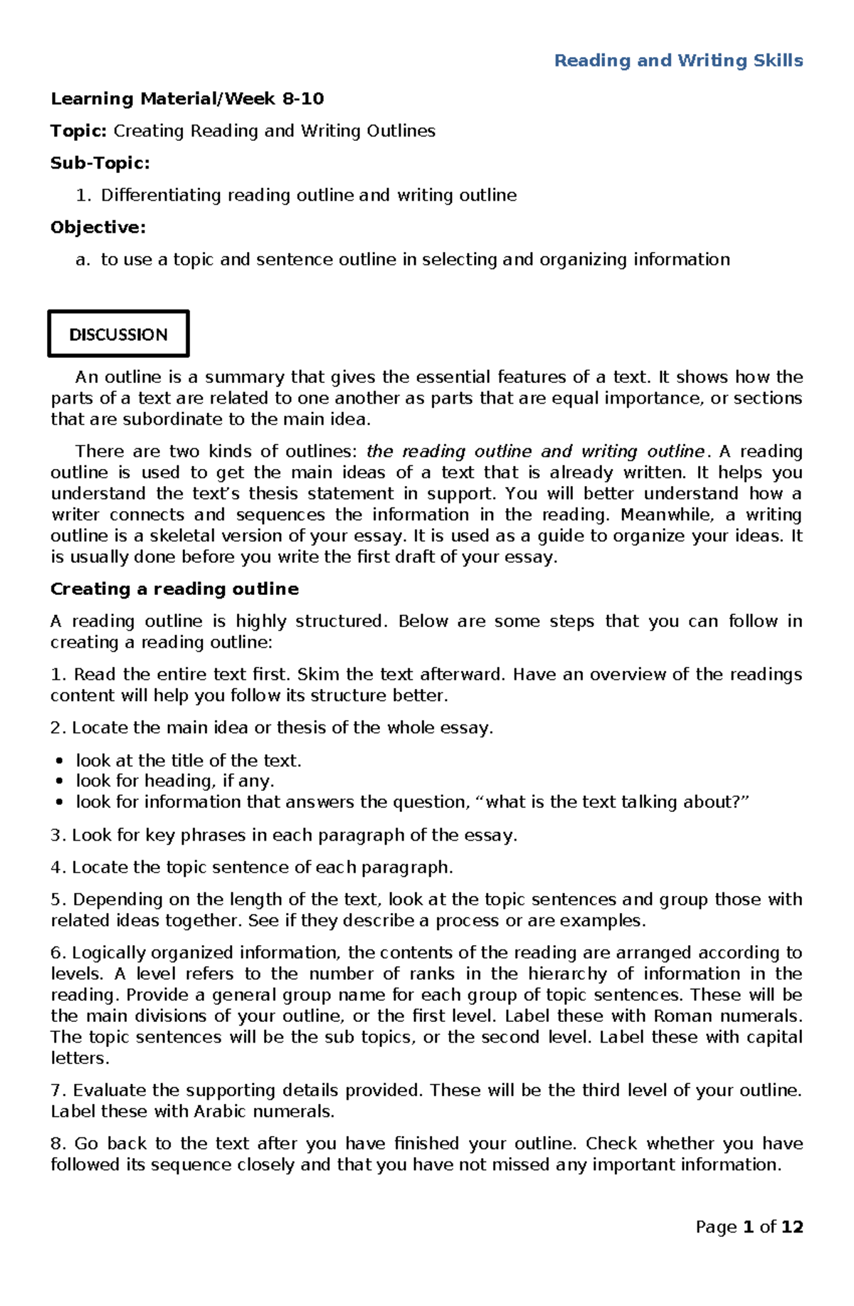 Reading and Writing W8 10 - DISCUSSION Learning Material/Week 8- Topic ...