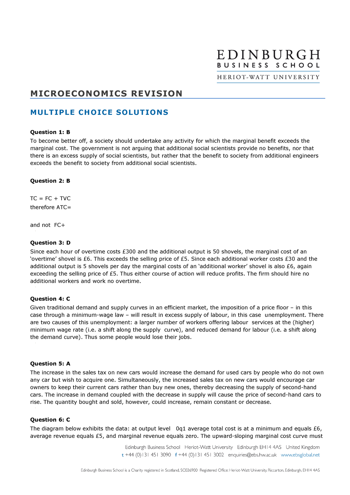 Micro MCQ Solutions - MICROECONOMICS REVISION MULTIPLE CHOICE SOLUTIONS ...