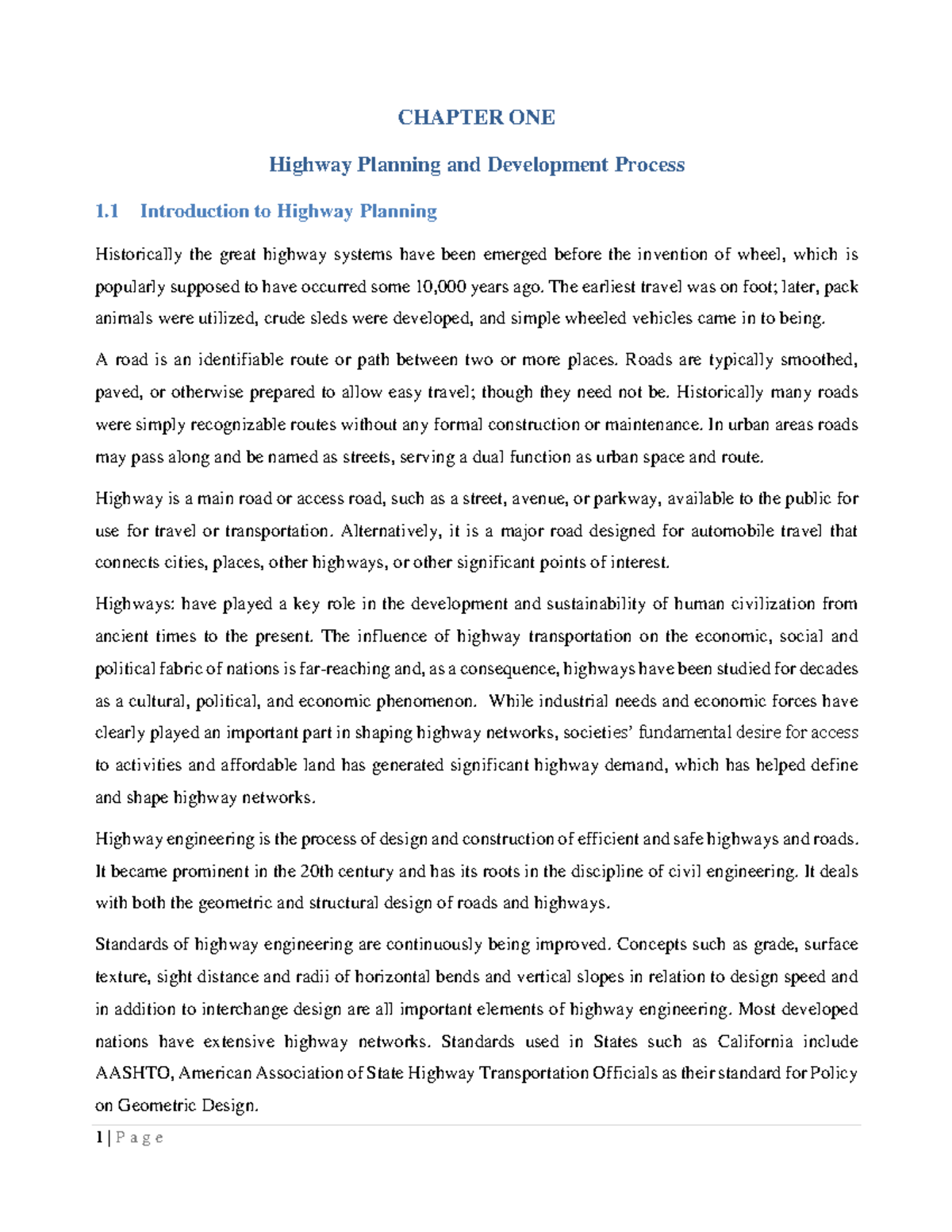 Chapter ONE - Best note - CHAPTER ONE Highway Planning and Development ...