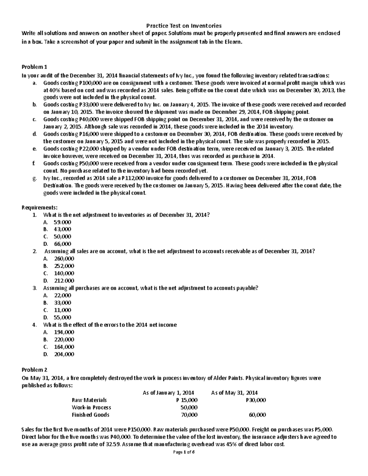 Inventories Practice-Test - Write all solutions and answers on another ...