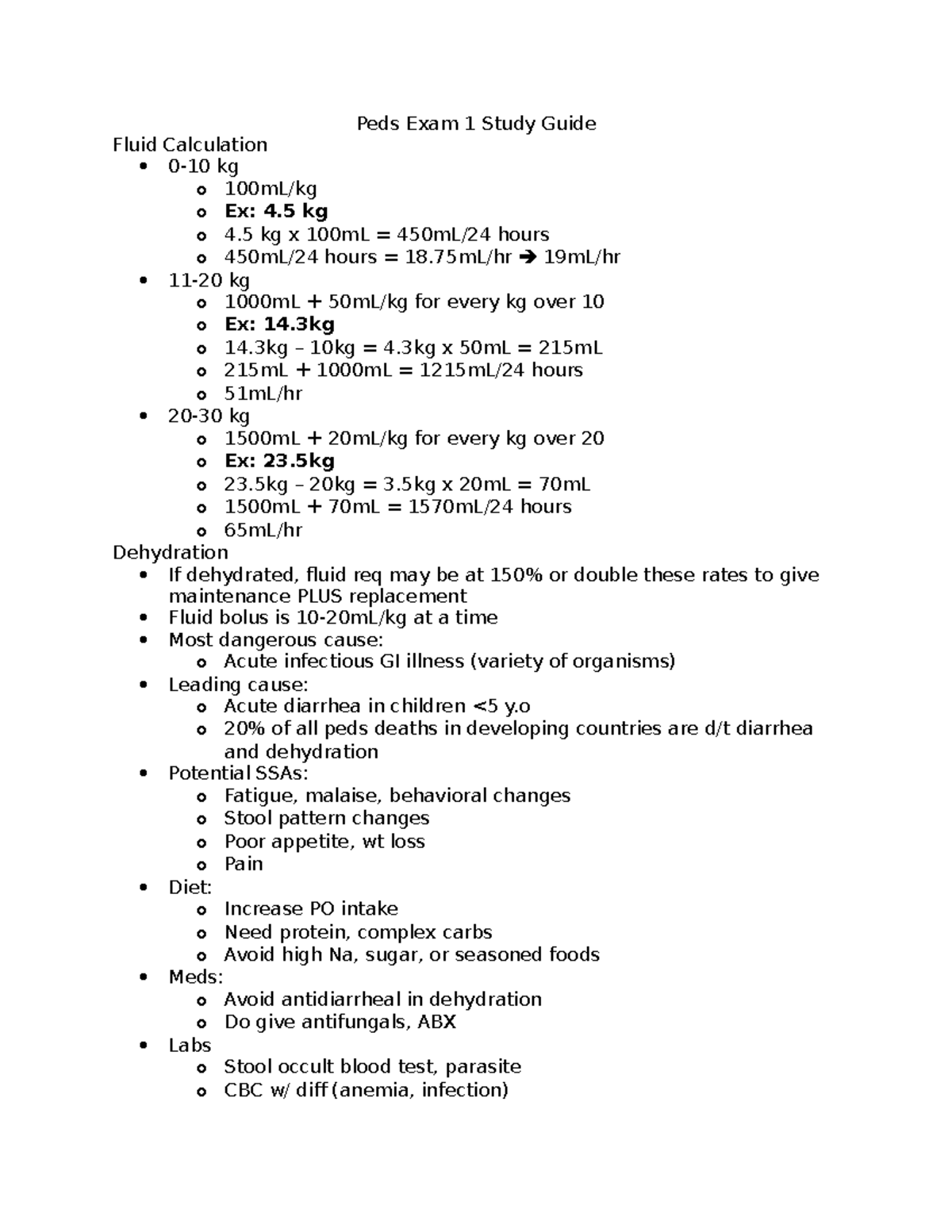 Peds Exam 1 Study Guide - Peds Exam 1 Study Guide Fluid Calculation 0 ...