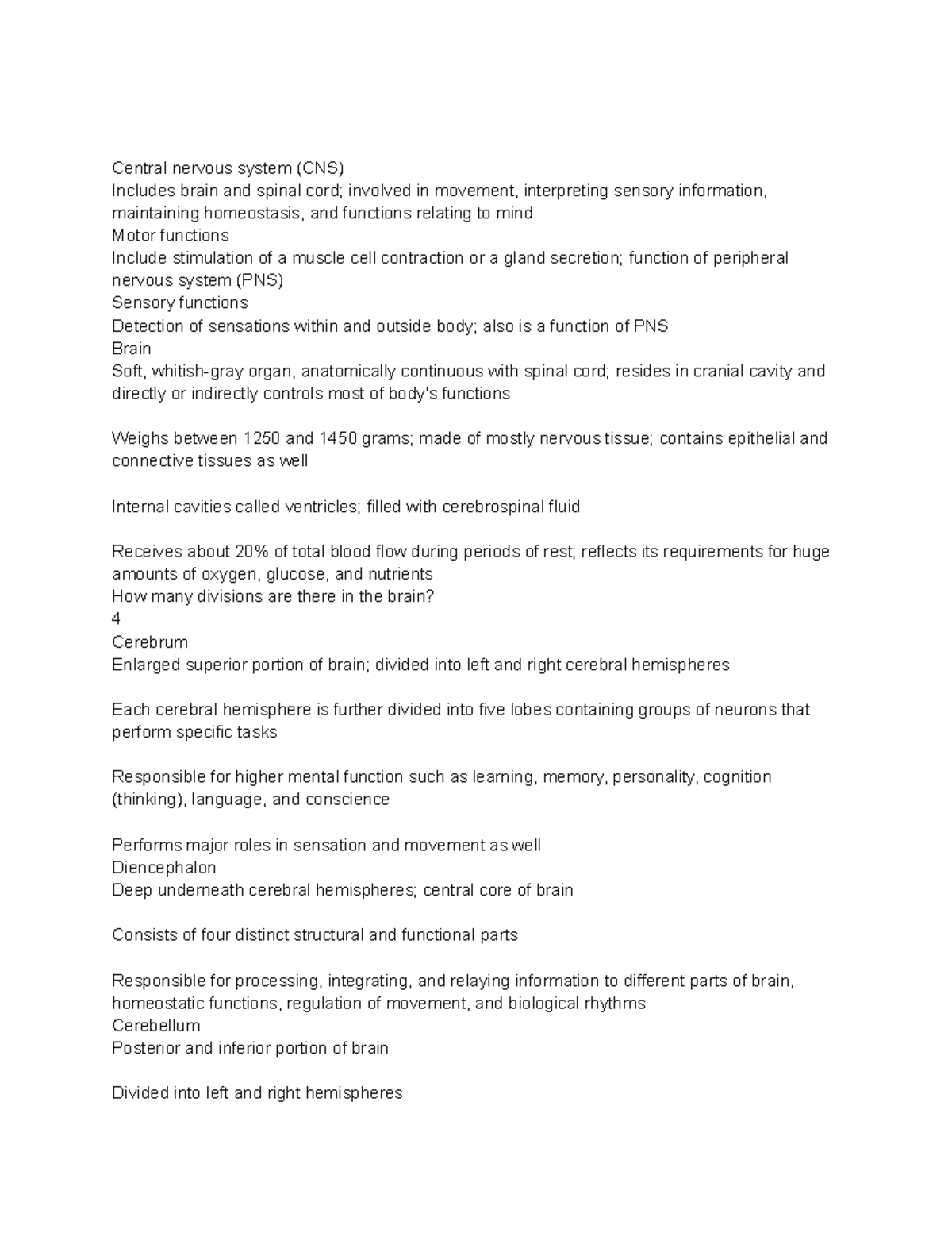 Chapter 12 - Lecture notes 12 - Central nervous system (CNS) Includes ...
