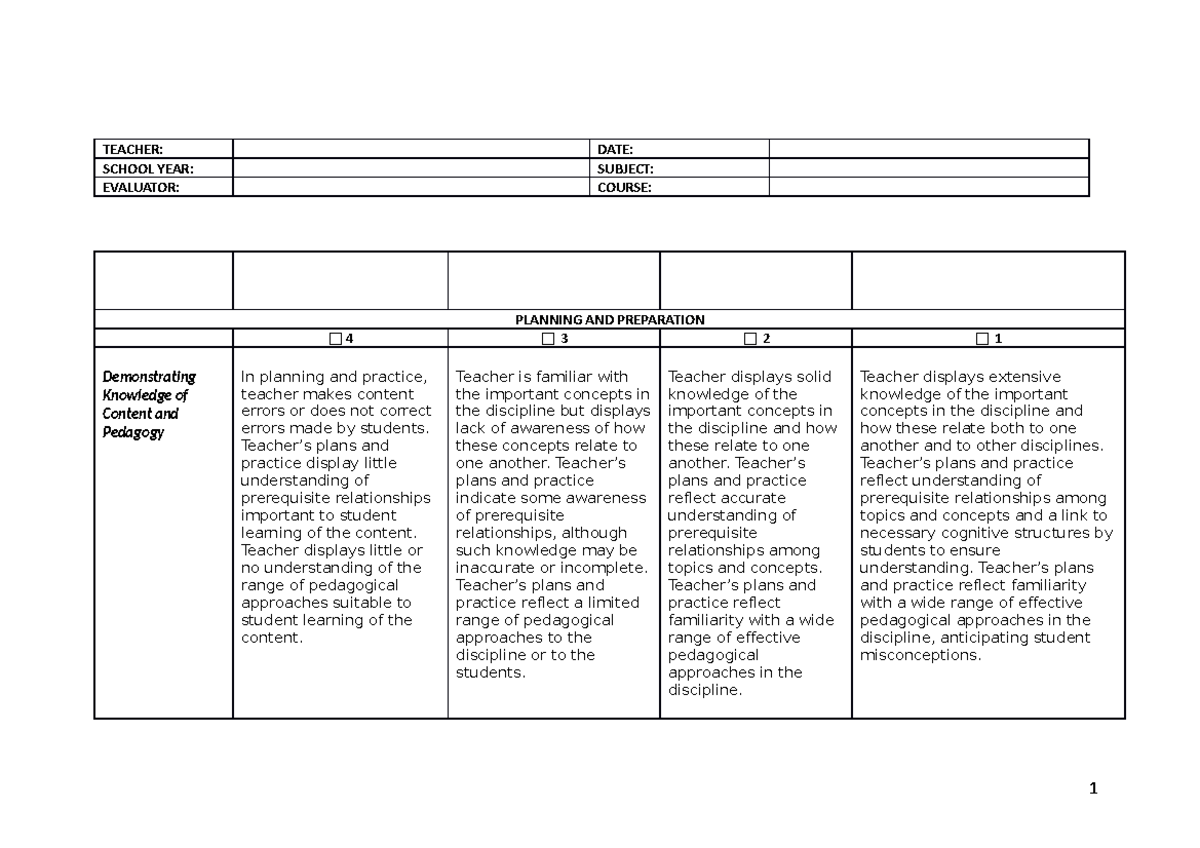 Teacher- Evaluation-FORM copy - TEACHER: DATE: SCHOOL YEAR: SUBJECT ...