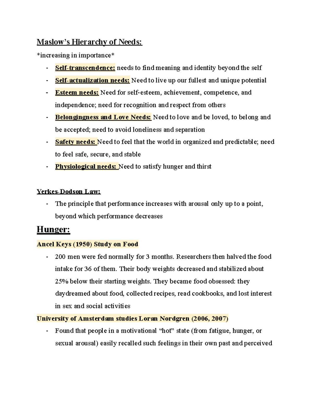 Psychology 111 Final Notes - Maslow’s Hierarchy of Needs ...